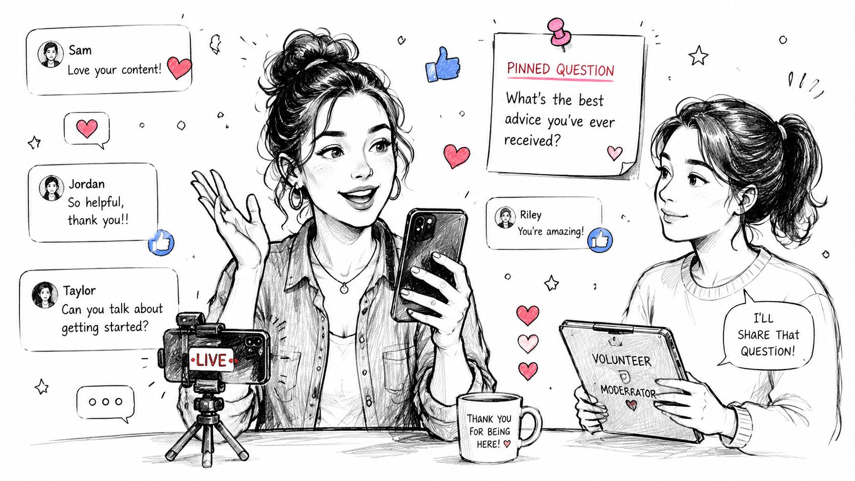 A creator hosting a Facebook Live session with a moderator, displaying viewer comments and a pinned question.