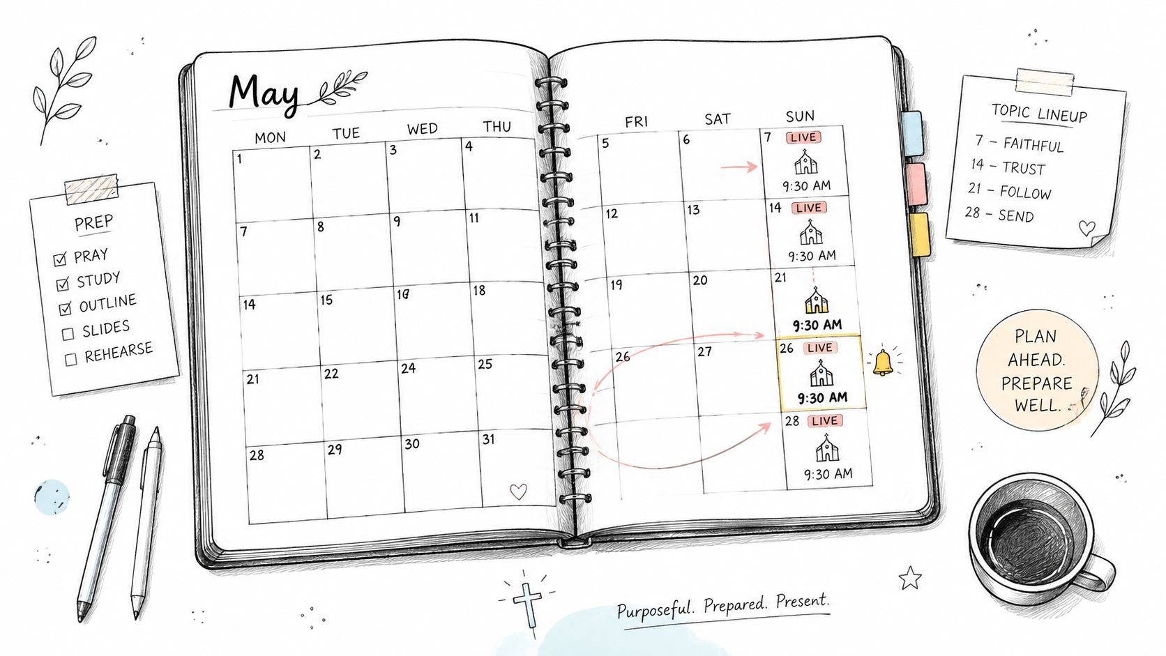 A hand-drawn calendar for May showing scheduled church live streams and preparation checklists on a desk