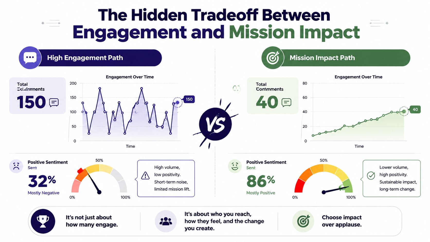A comparison chart showing the trade-off between high engagement volumes with negative sentiment versus low engagement with positive impact.