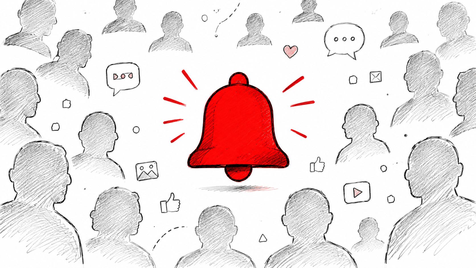 A hand-drawn illustration of a large red notification bell surrounded by many sketch-style people icons.