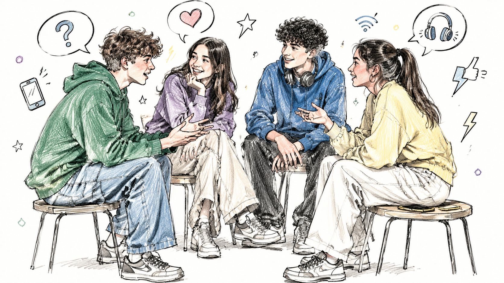 A hand-drawn sketch of four teenagers sitting in a circle having a lively group conversation together.