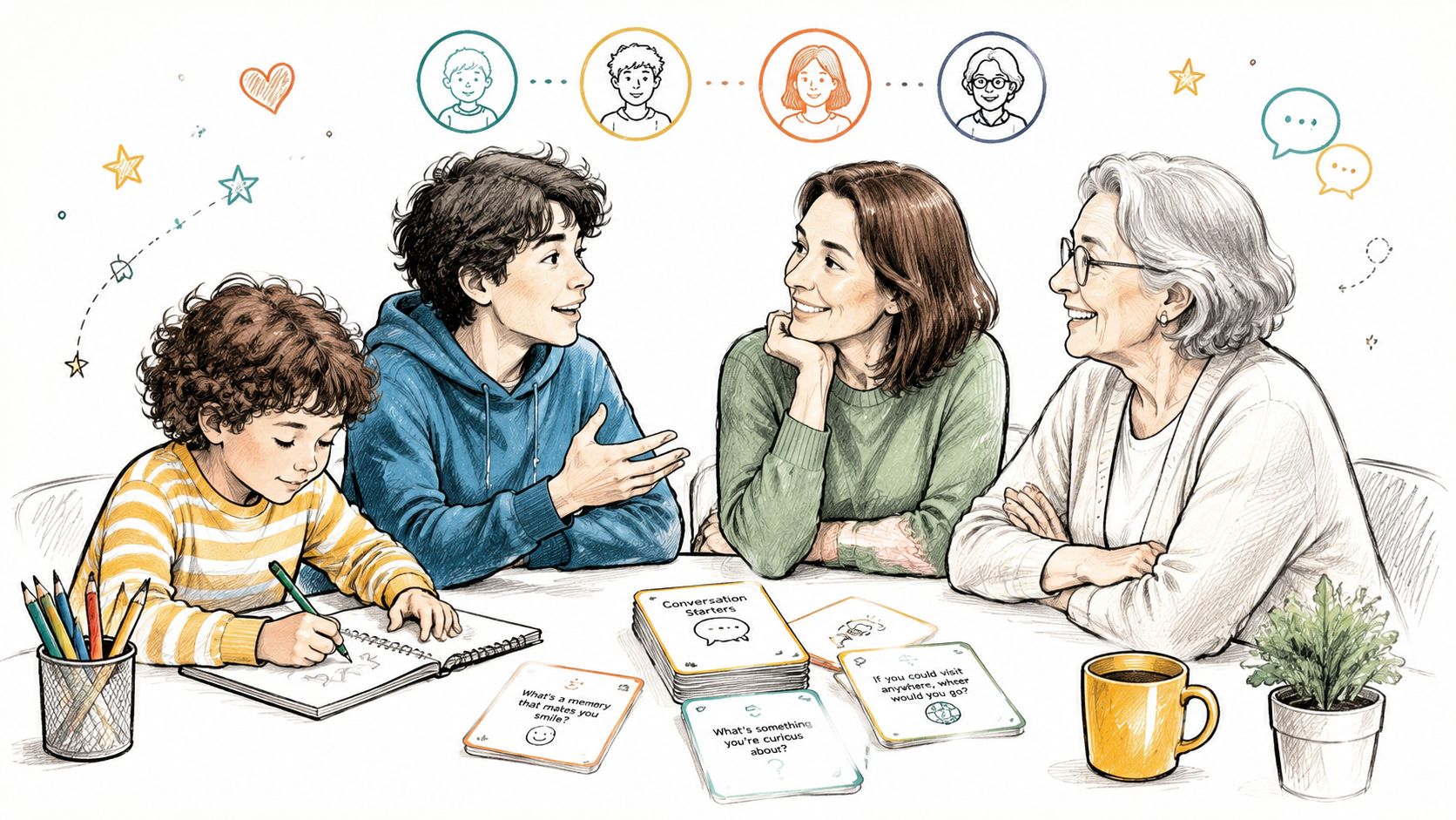 A family sits together at a table with conversation cards for engaging, meaningful dialogue and connection.