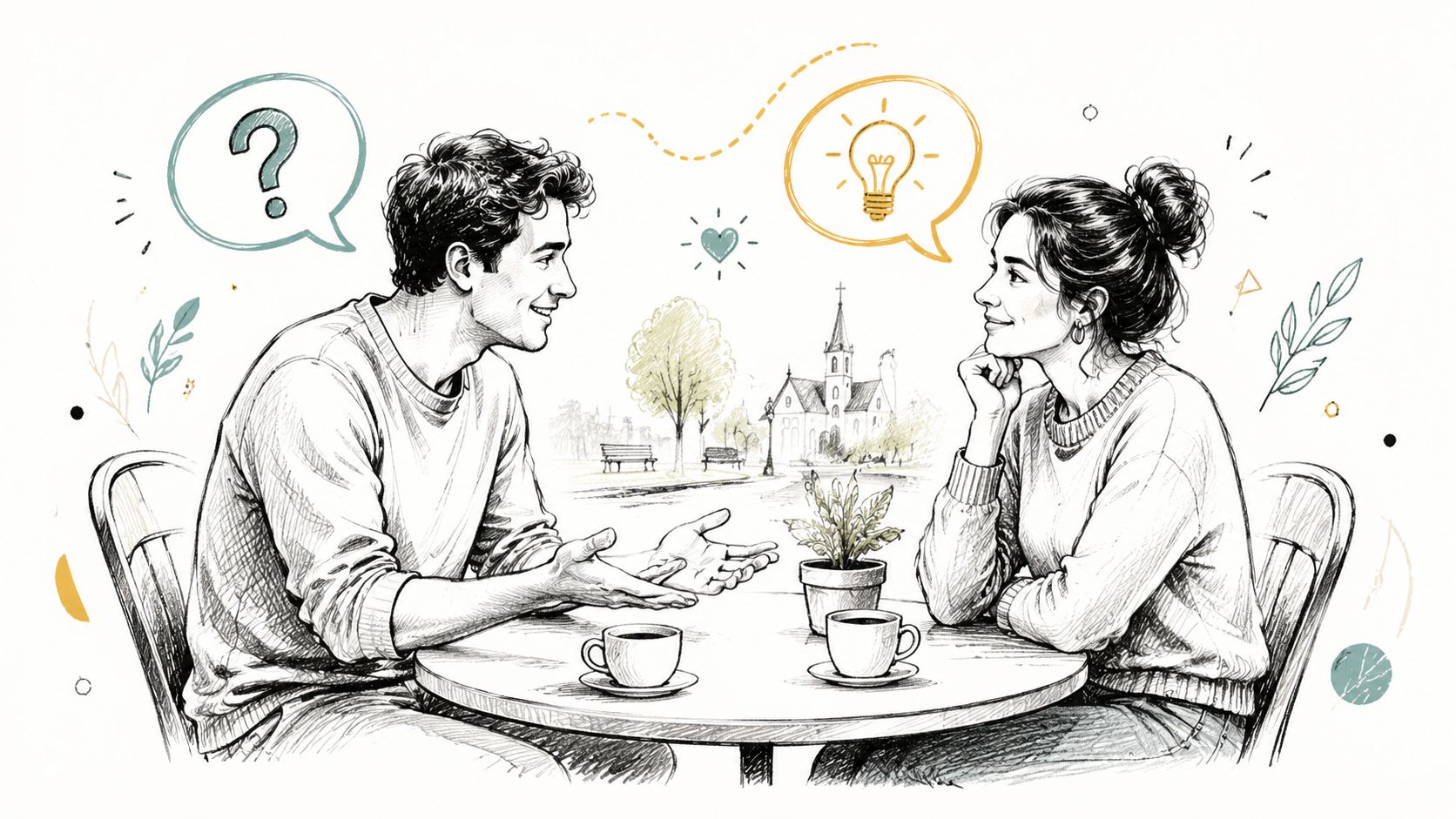 A young couple sitting at a cafe table discussing topics with a church visible in the background.