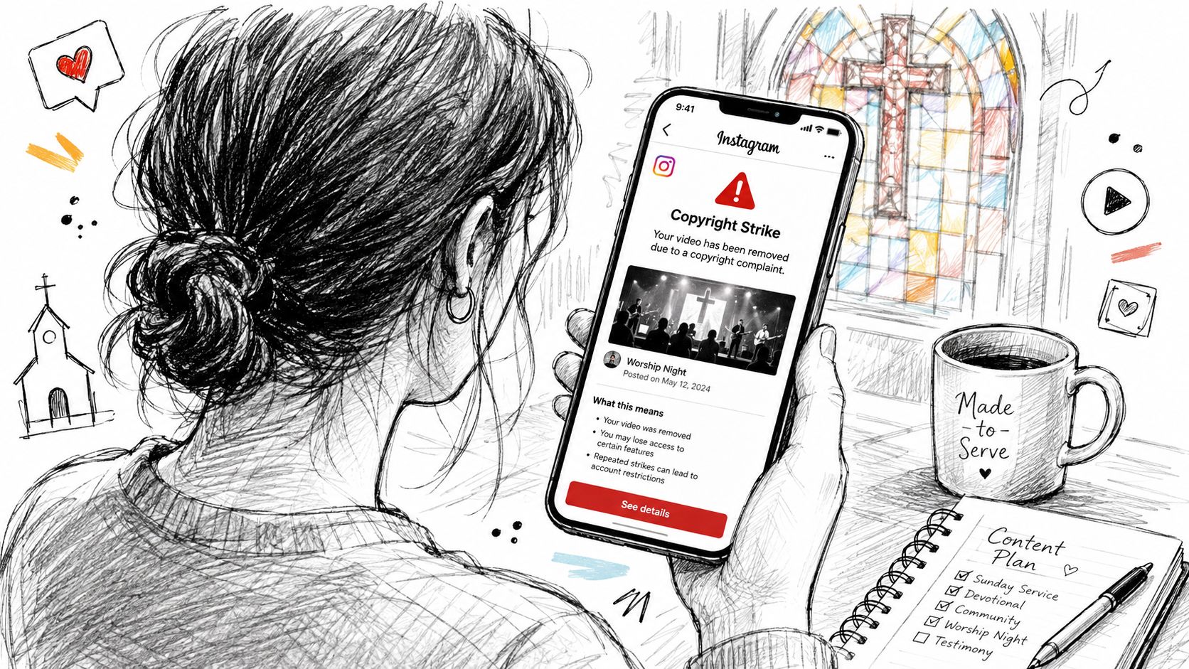 A woman looks at her phone displaying a copyright strike notification on an Instagram video post.