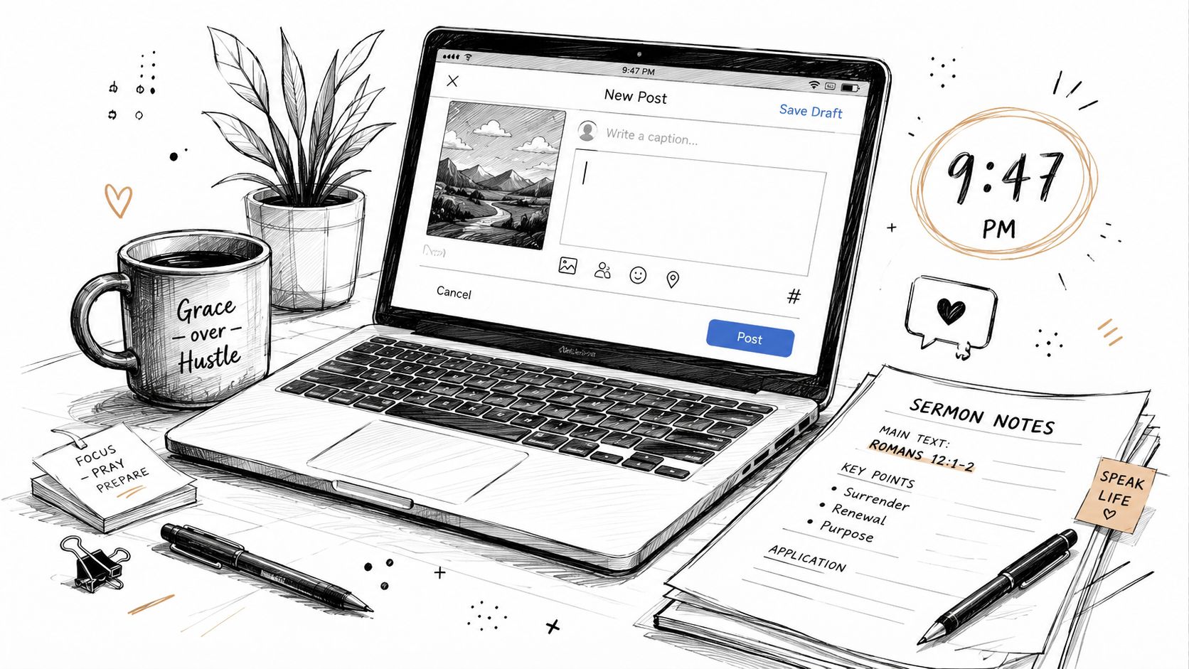 A digital sketch of a workspace featuring a laptop with a social media post interface and sermon notes.