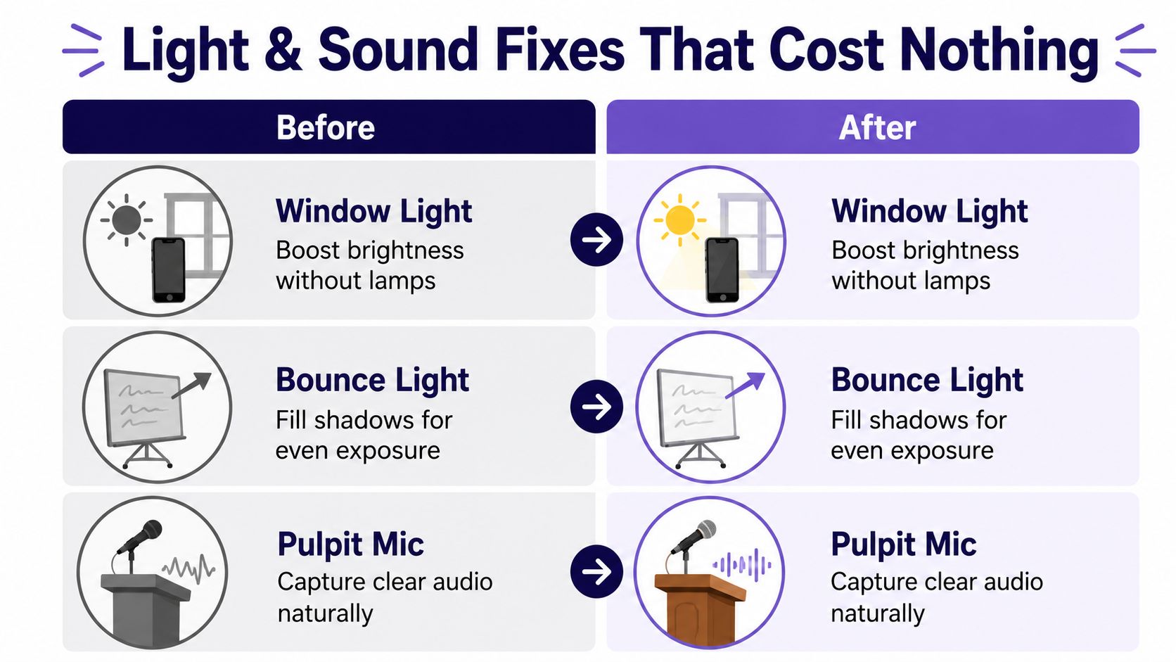 A comparison chart showing how to improve lighting and audio quality for videos for free.