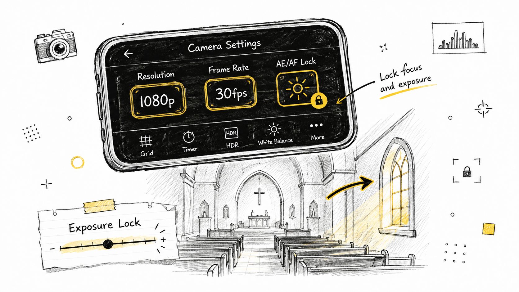A digital illustration showing smartphone camera settings for capturing high-quality video inside a church setting.