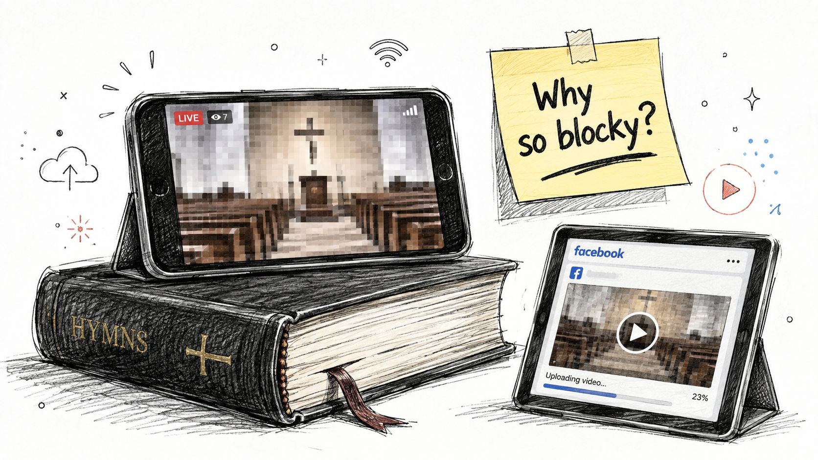 A digital illustration showing a church service live stream on a smartphone and tablet, highlighting low-resolution video quality.