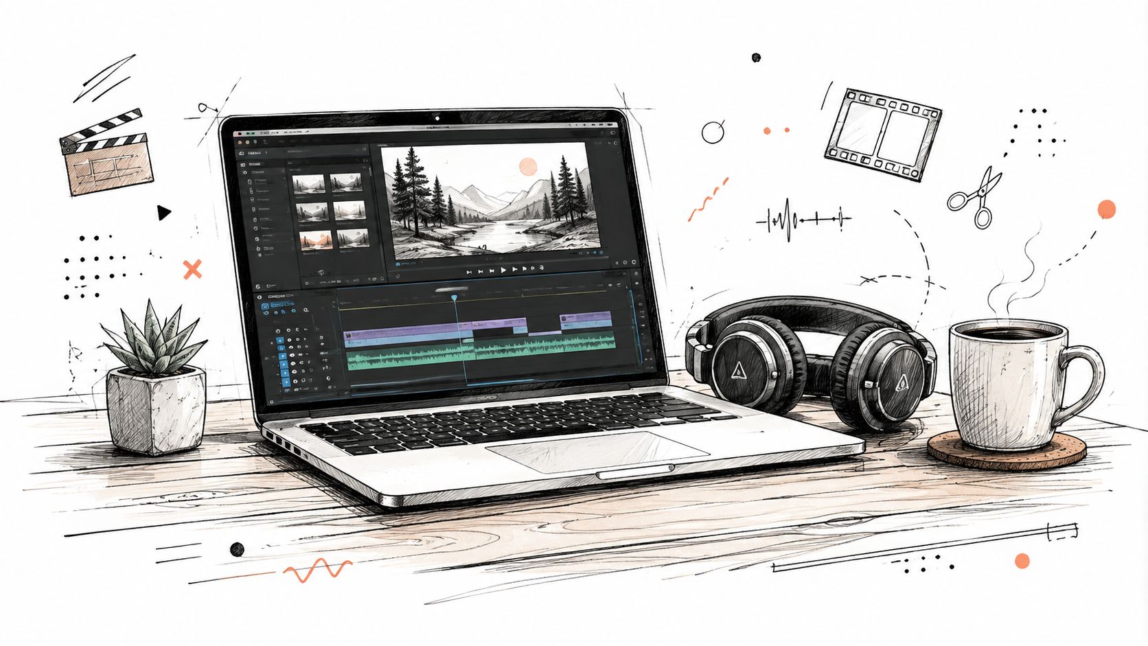 A digital sketch of a laptop featuring a video editing software workspace with headphones and coffee.