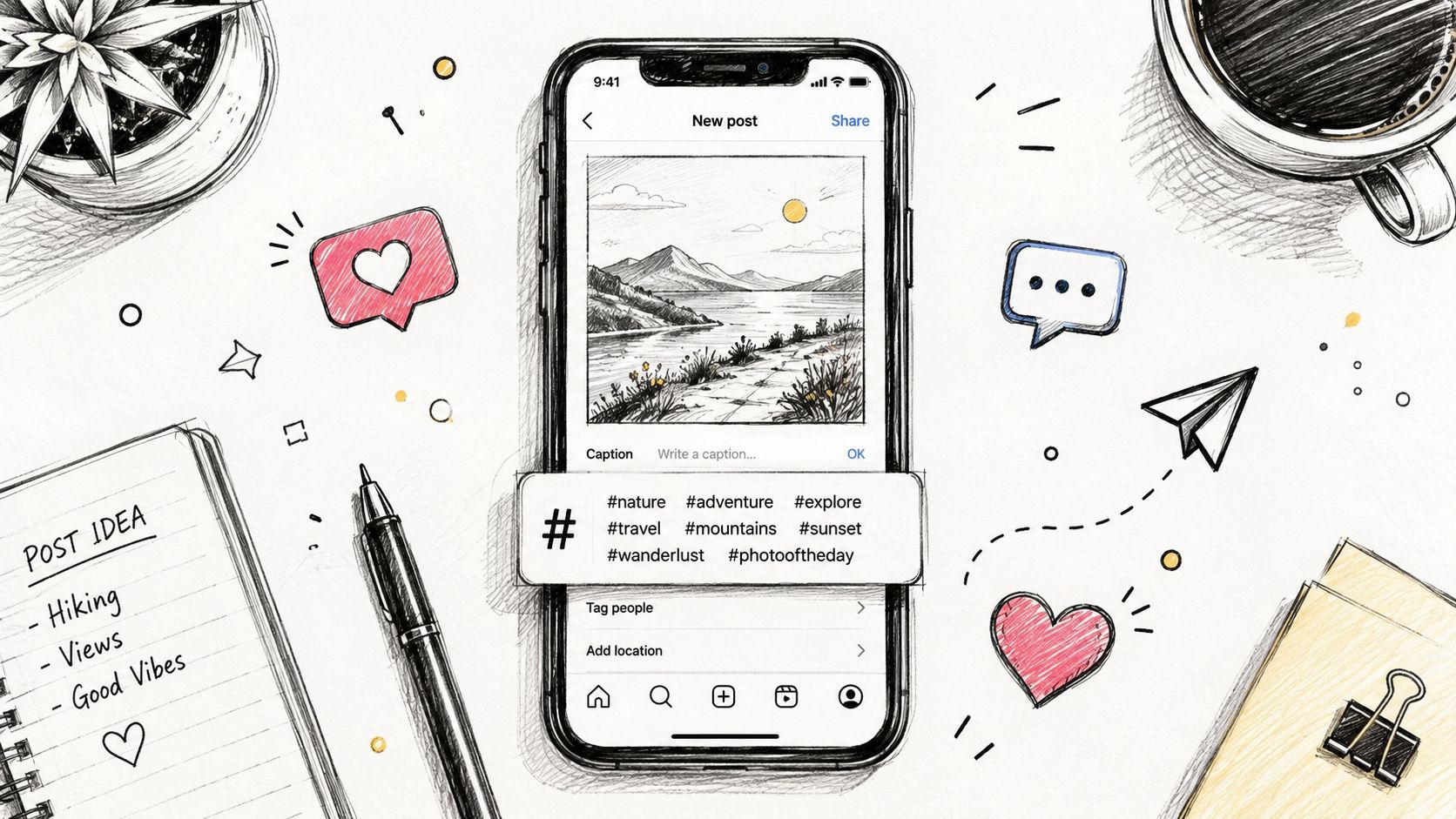 A smartphone screen showing an Instagram new post interface with a hand-drawn landscape sketch illustration.