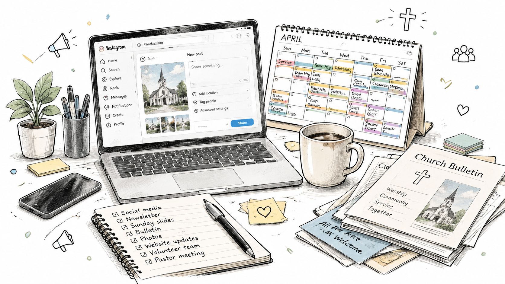 A creative workspace featuring a laptop with Instagram open, a calendar, a church bulletin, and a checklist.