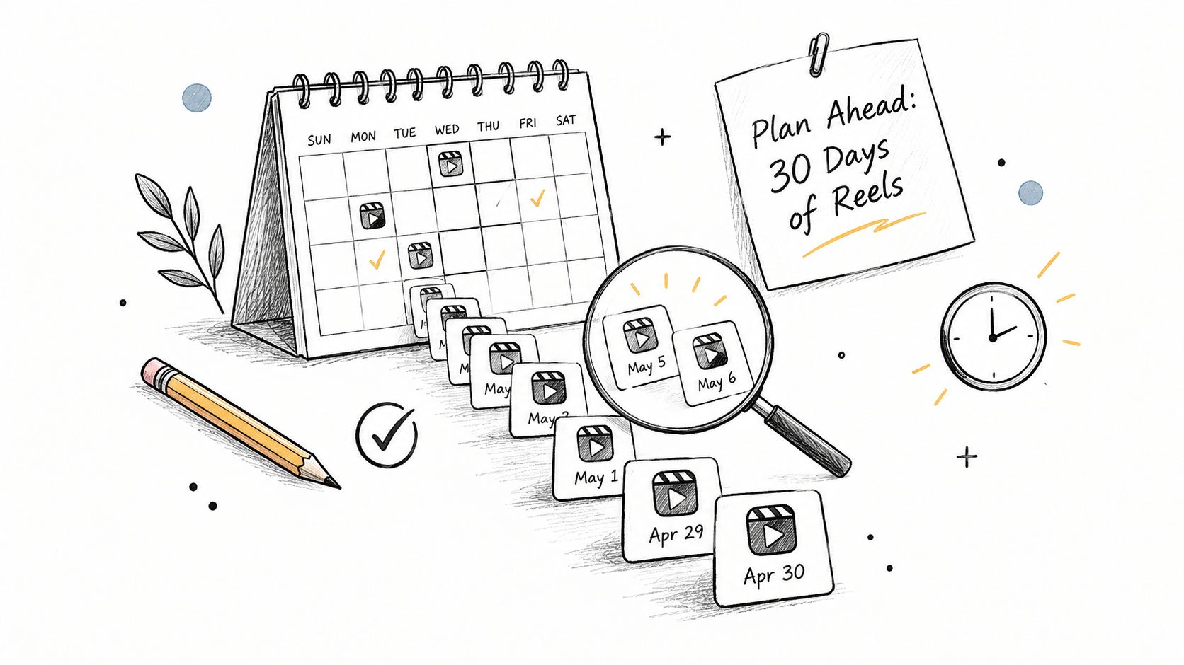 A hand-drawn illustration showing a calendar, pencil, magnifying glass, and video icons for planning social media content.