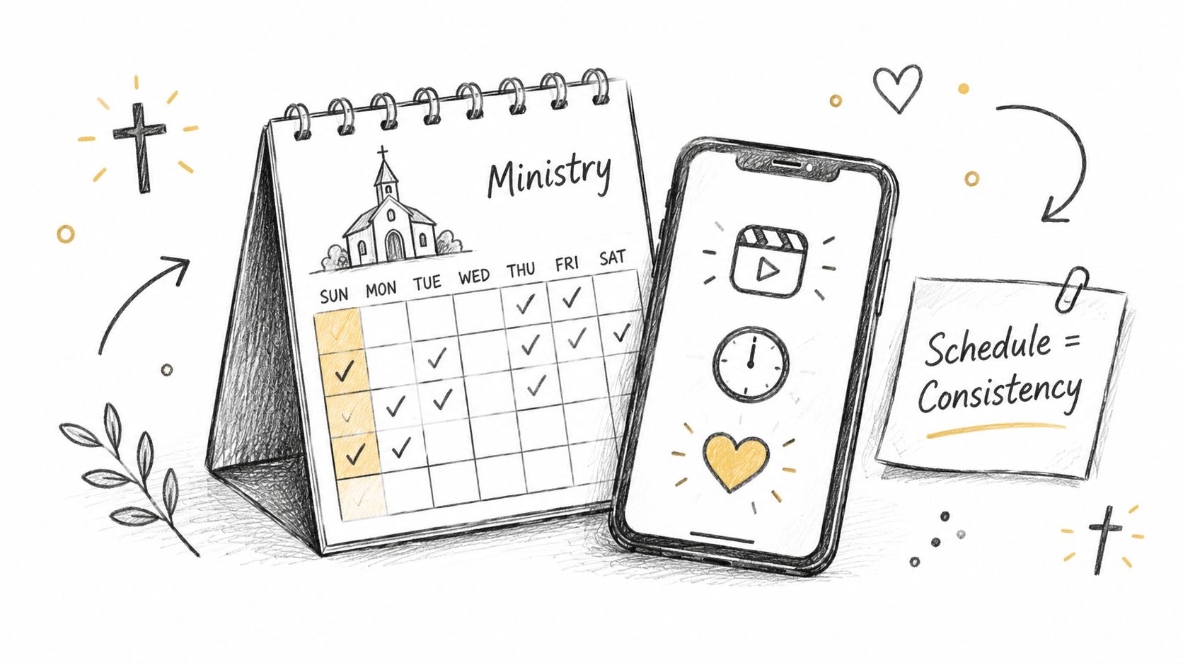 A hand-drawn illustration showing a ministry calendar and a smartphone representing social media content scheduling.