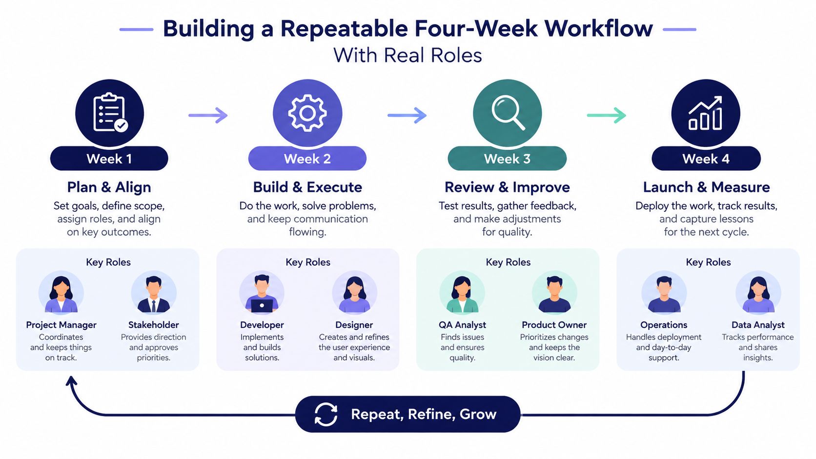 An infographic showing a four-week project management workflow with assigned roles for planning, building, reviewing, and launching.