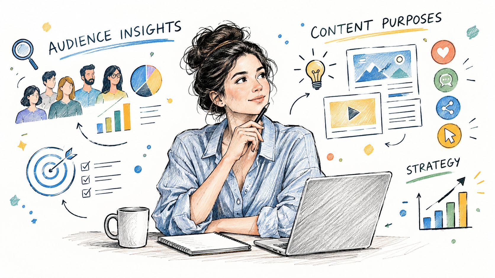 A woman at her desk planning a digital marketing strategy with audience insights and content purpose sketches.