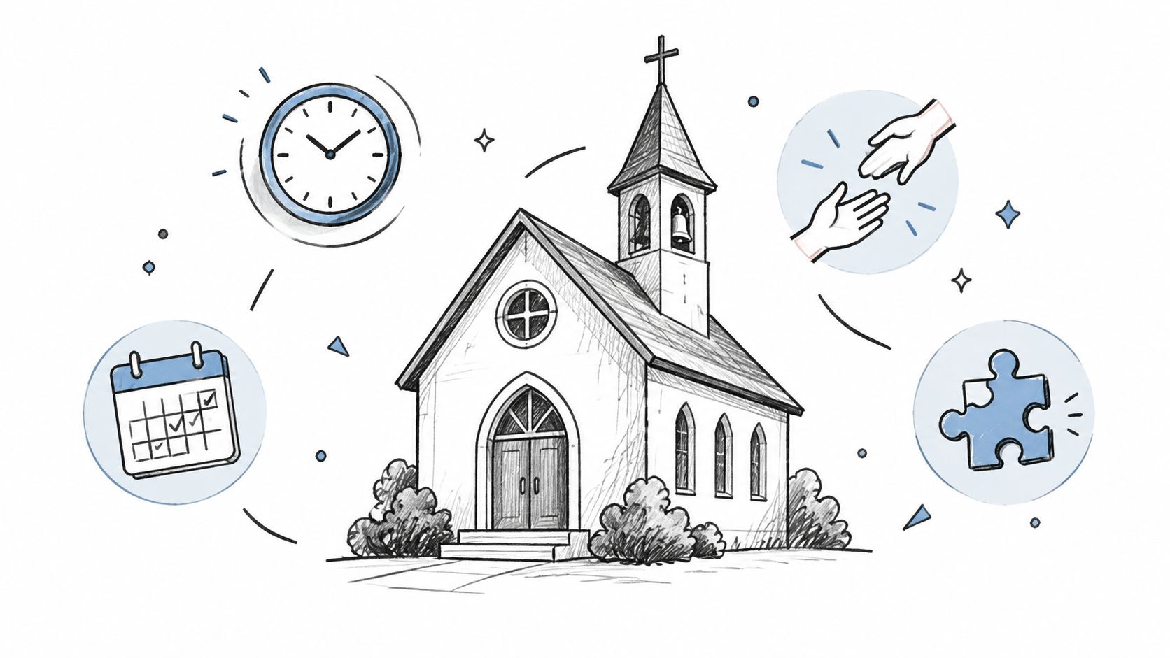 A hand-drawn illustration depicting a church building surrounded by icons for time, community service, and problem-solving.