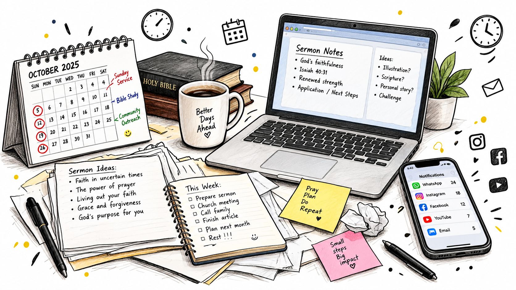 A creative workspace featuring a laptop, calendar, notebook, coffee mug, and smartphone showing social media notification icons.