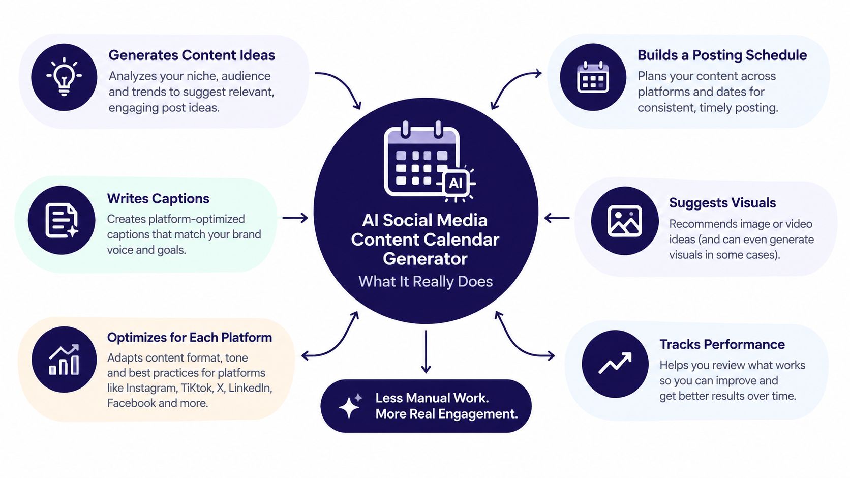 A diagram illustrating the key functions and benefits of an AI social media content calendar generator tool.