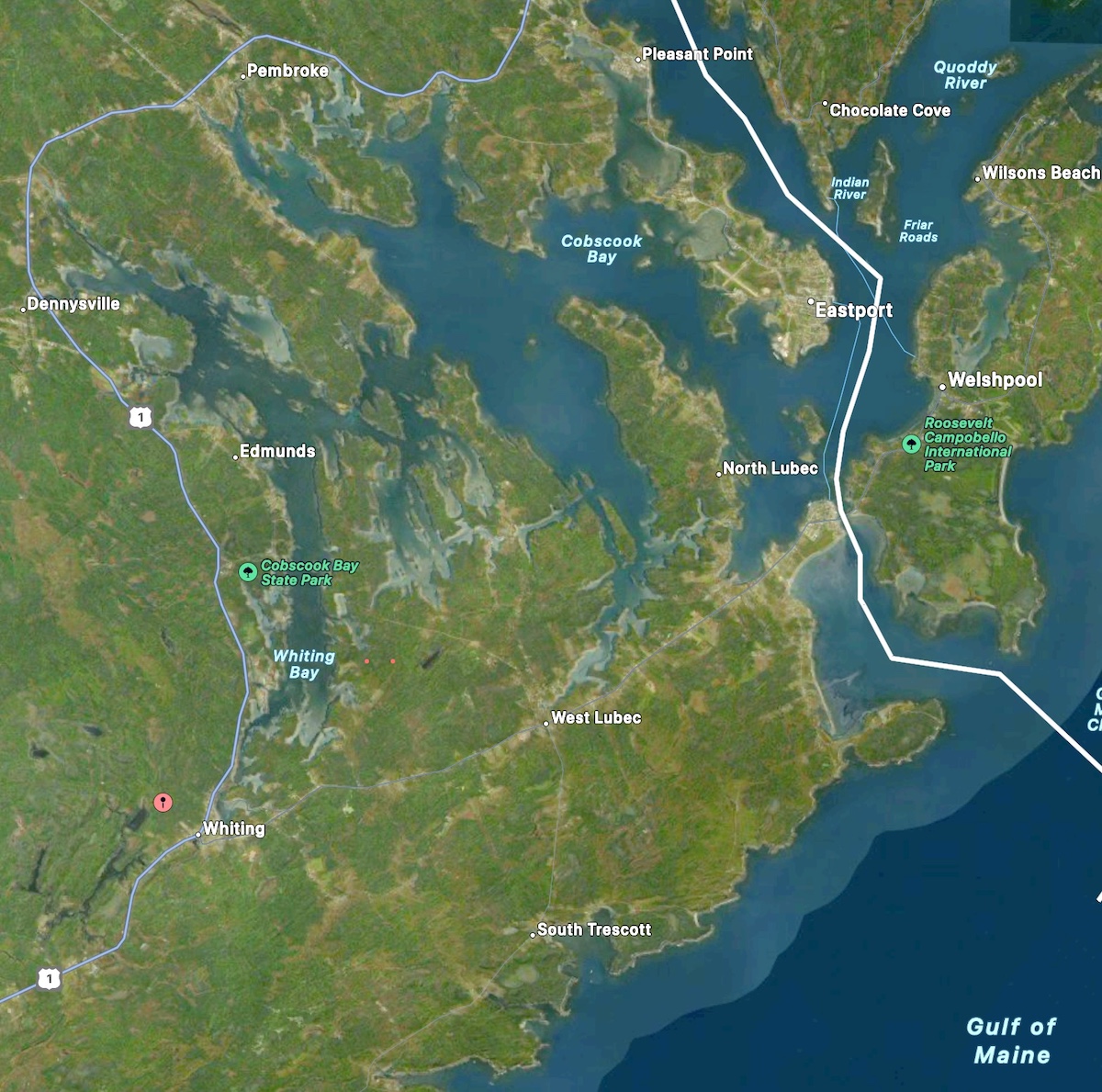 A map of Downeast Maine, the service area for Bear & Owl Tree Care Services including Lubec, Trescott, Cutler, Eastport and the surrounding communities of Washington County, Maine