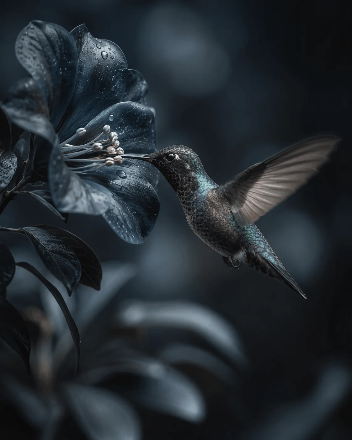 Floating hummingbird eating from flower