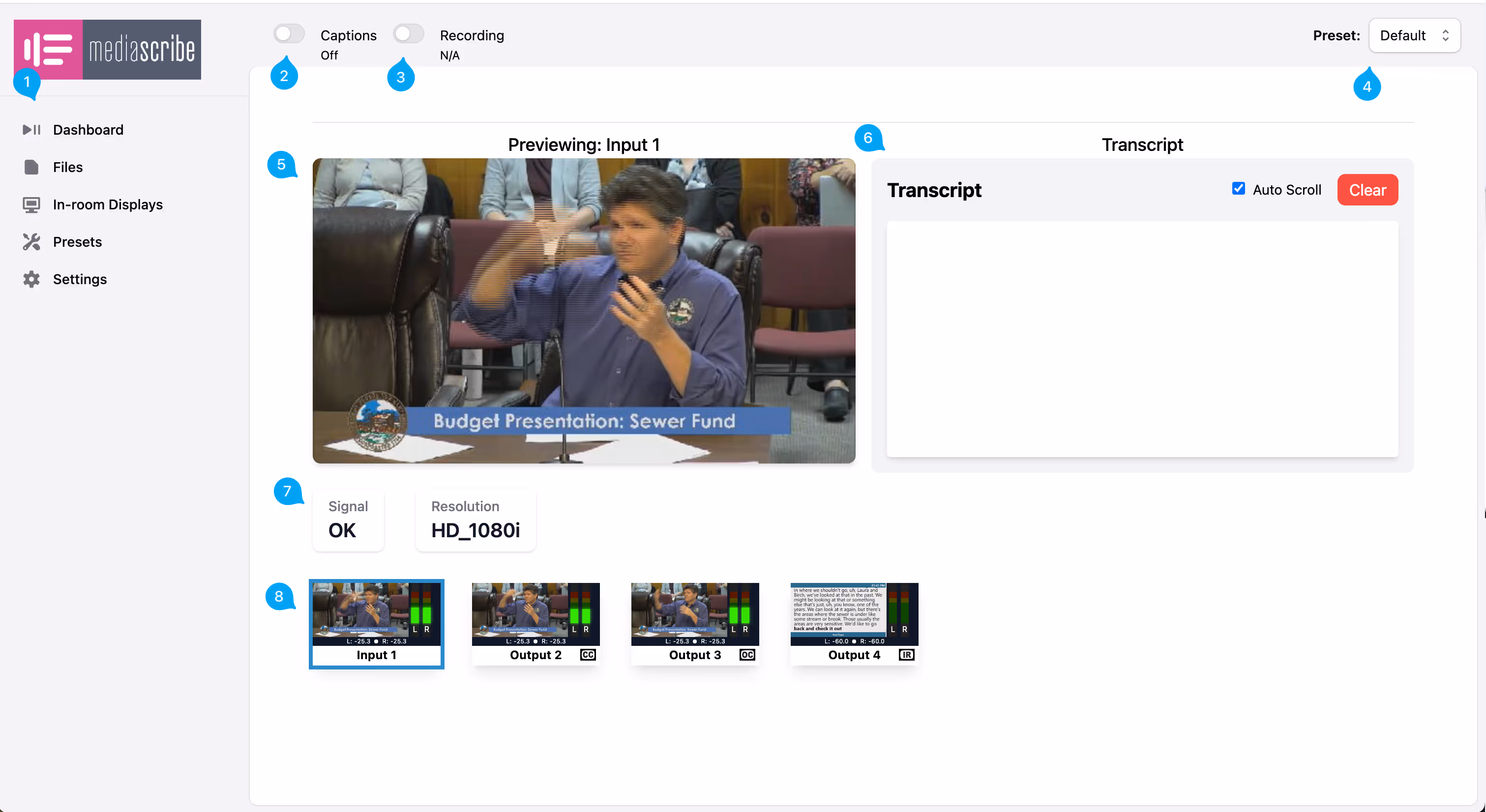 MediaScribe interface showing a preview of a man giving a budget presentation on sewer fund with captions and multiple video outputs.