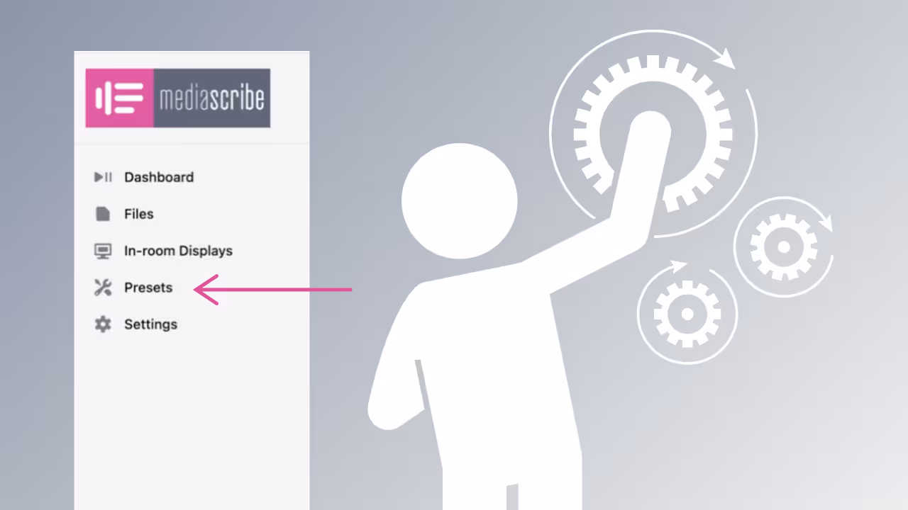 User interface sidebar showing MediaScribe menu with Presets option highlighted by a pink arrow, beside a white abstract figure interacting with rotating gear icons.