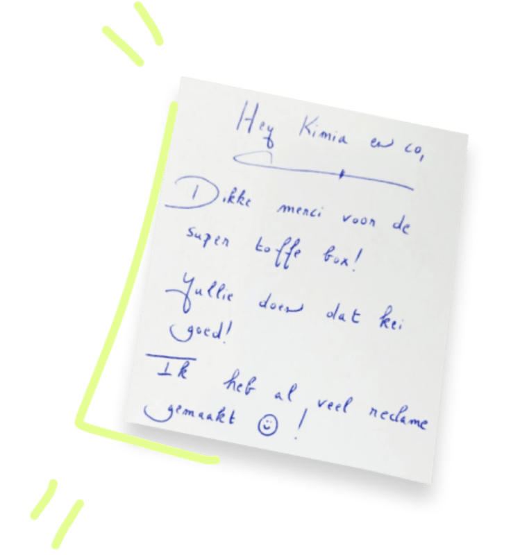 Briefje met dankjewel op van een klant met blauwe balpen