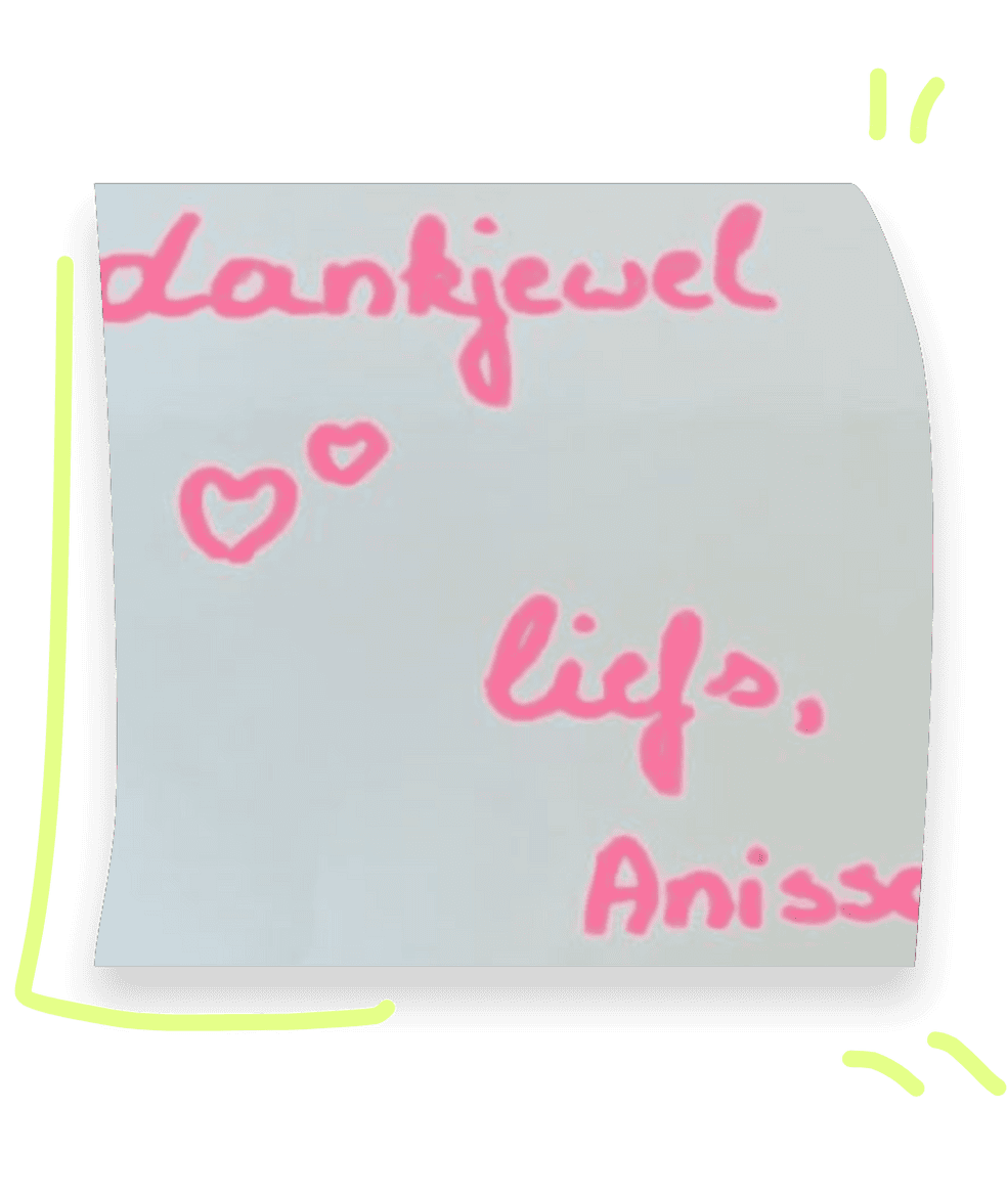 Briefje met dankjewel op van een klant met rose balpen