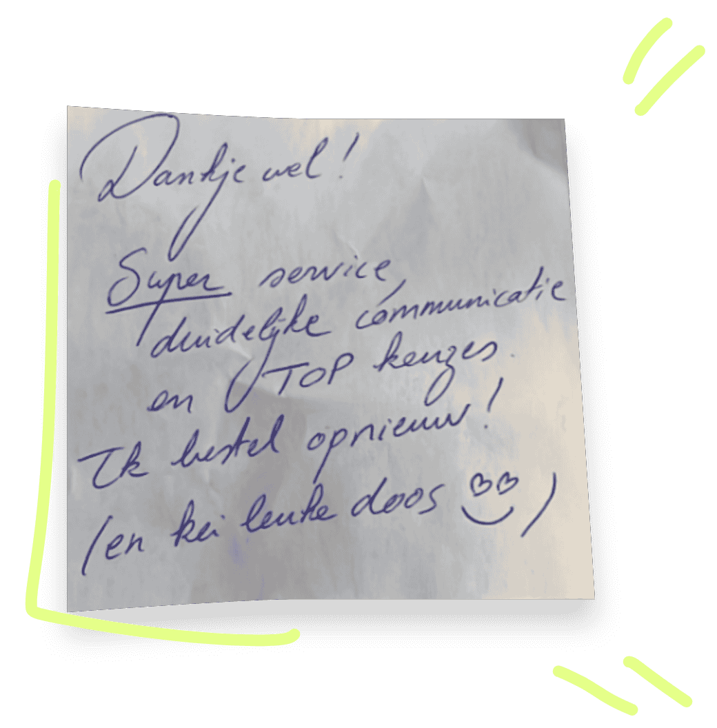 Briefje met dankjewel op van een klant met blauwe balpen