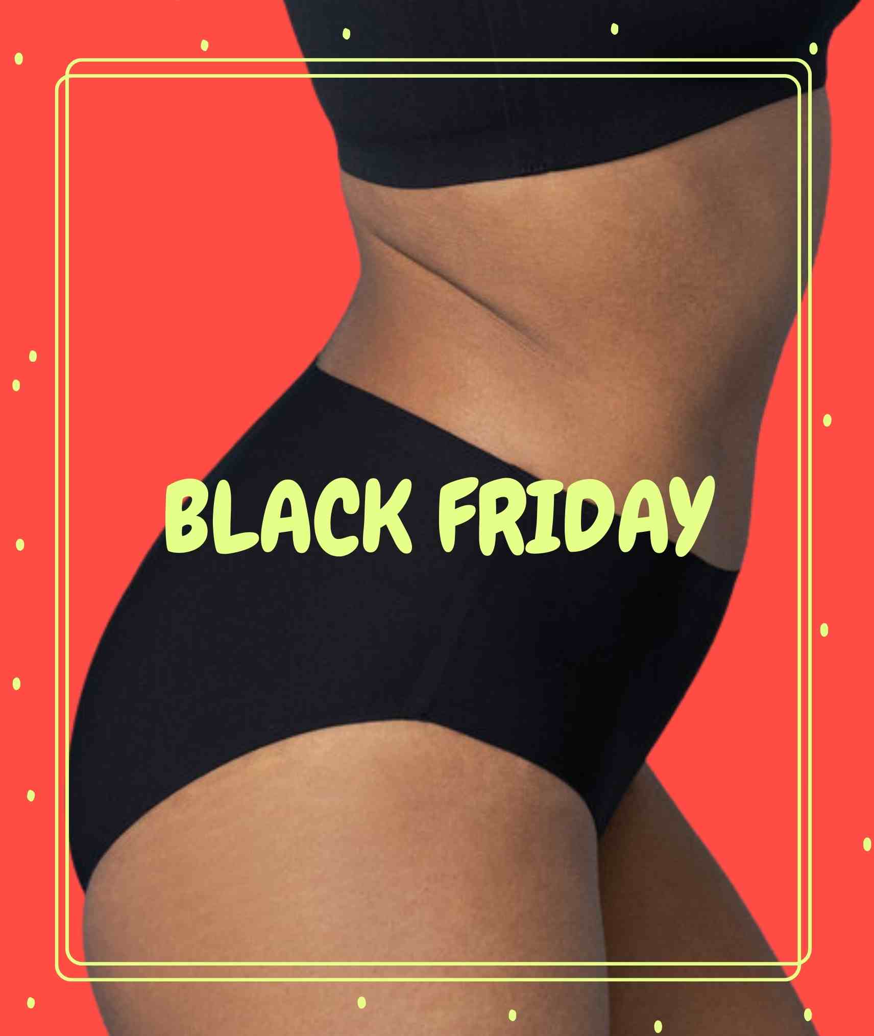 Lichaam van een vrouw met een Fantasie Smoothease zwart broekje aan op een rode achtergrond met tekst op Black Friday