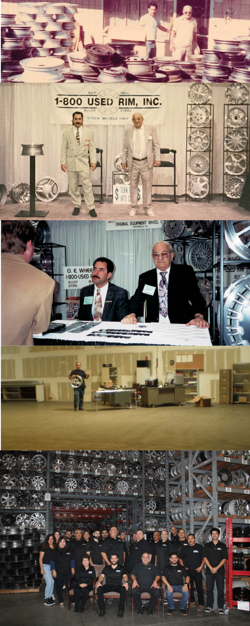 1. **Vintage photo of two men with stacks of used rims outdoors.**
  
2. **Two men pose at a trade show booth for 1-800 Used Rim, Inc.**

3. **Men discussing wheels at a booth during an industry event.**

4. **A man holds a rim in a spacious, unfinished warehouse.**

5. **Group photo of employees posing in a rim warehouse.**