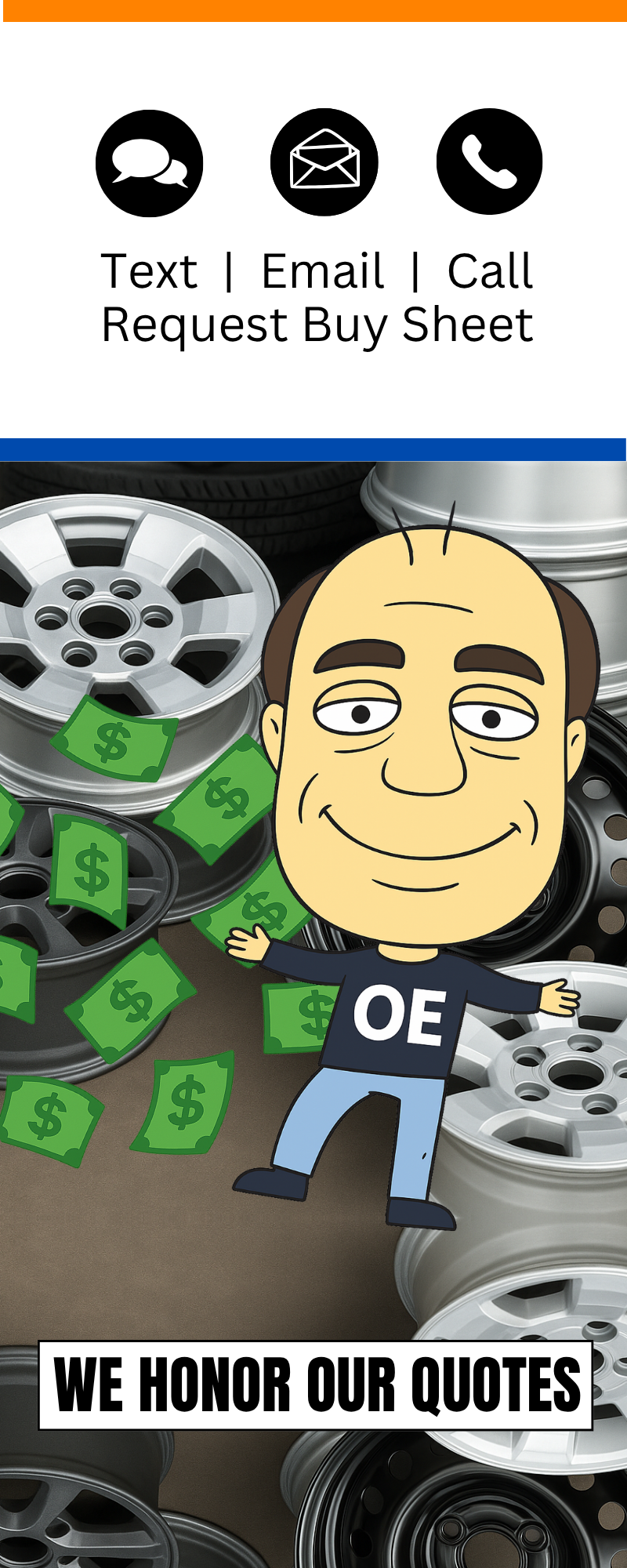 Cartoon character surrounded by wheels and dollar bills, promoting quote honors and contact options.