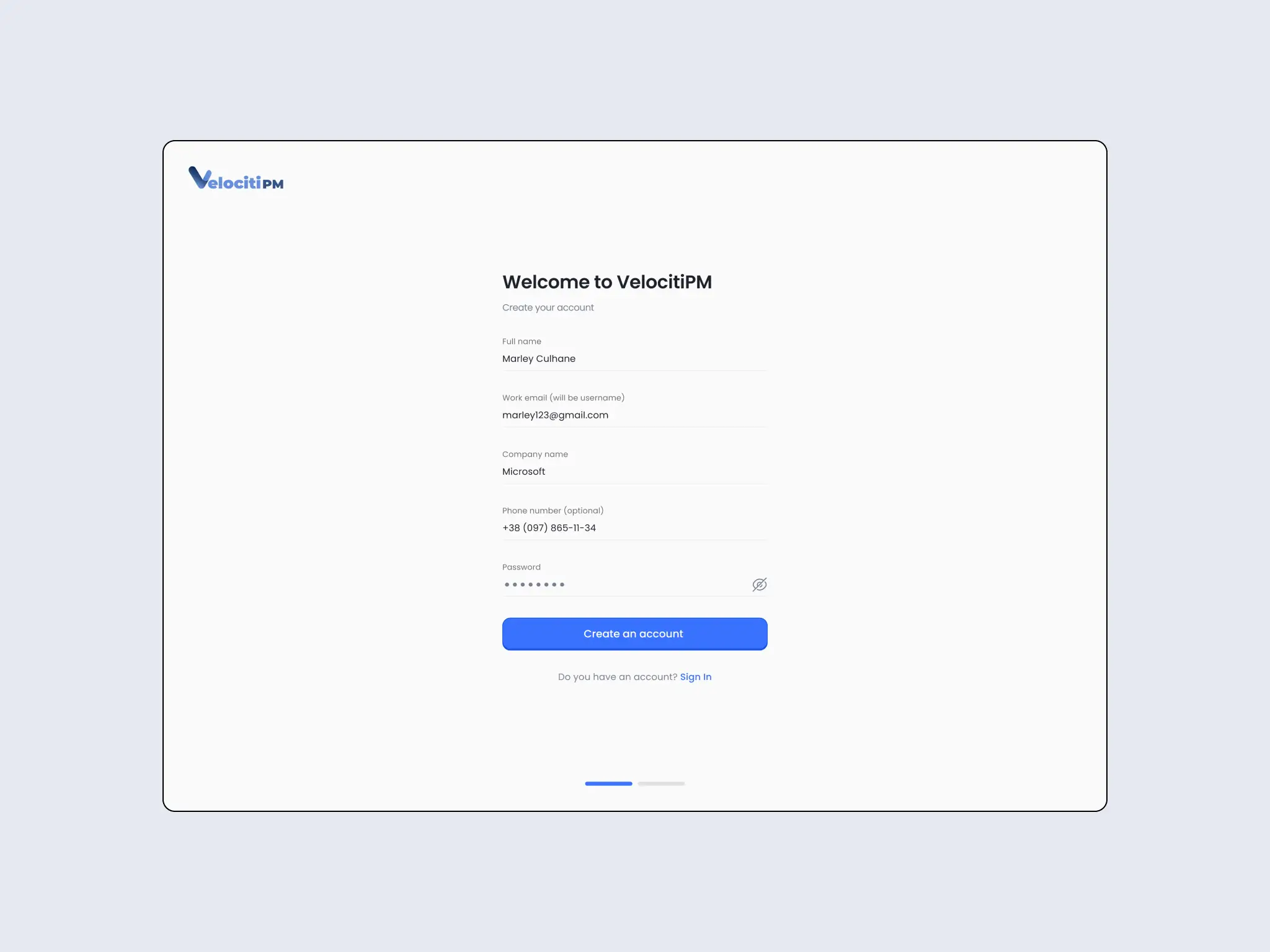 welcome to velocitipm sign up page designed by mykola ledenov