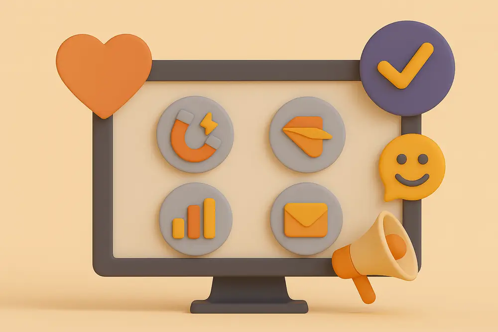 3D illustration showing types of marketing icons on a screen