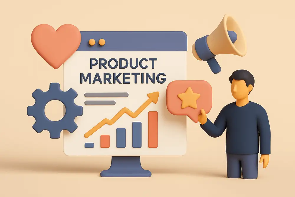 Flat-style illustration showing a product marketing document symbolizing strategy and promotion.