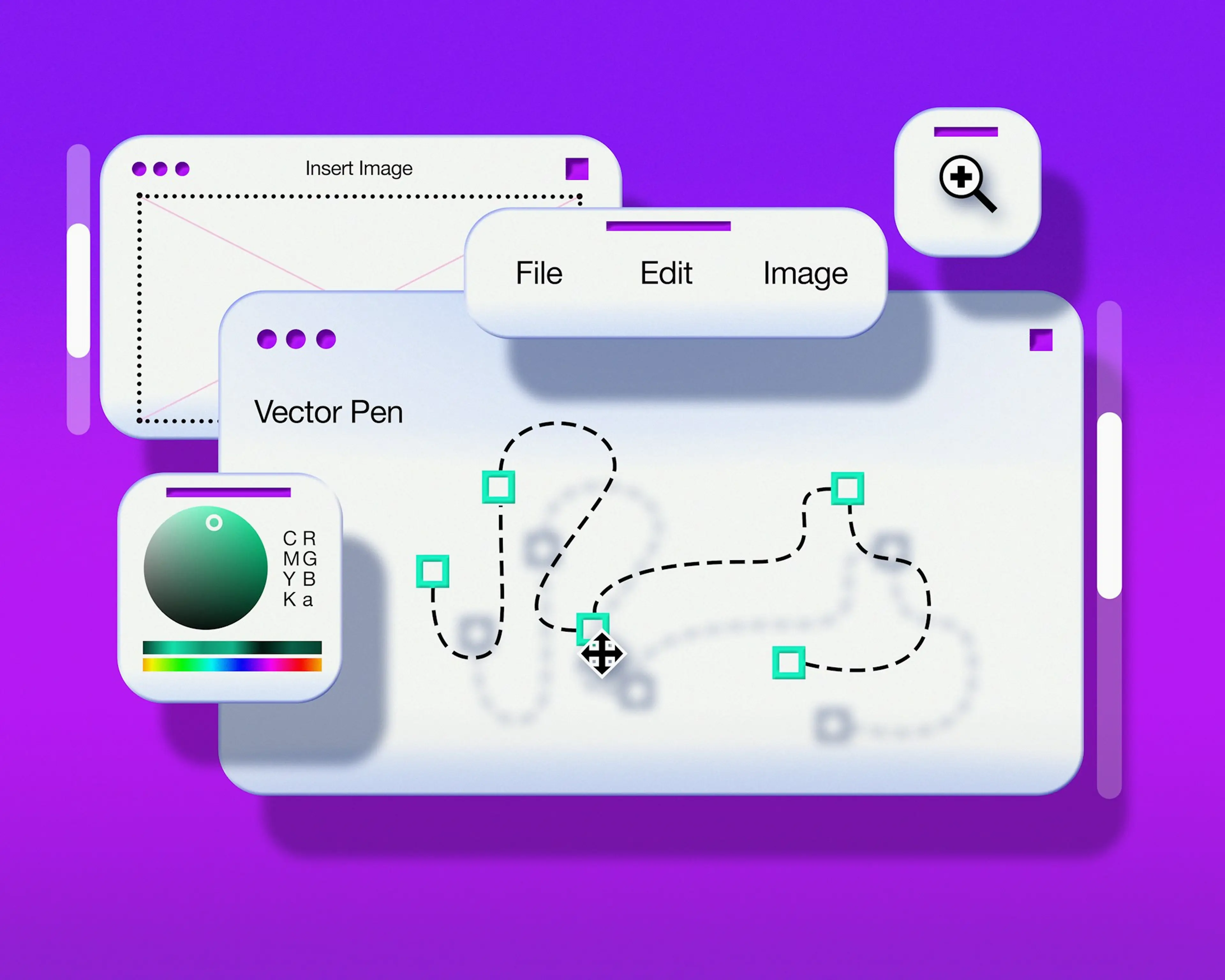 Digital illustration of a vector design interface with editing tools