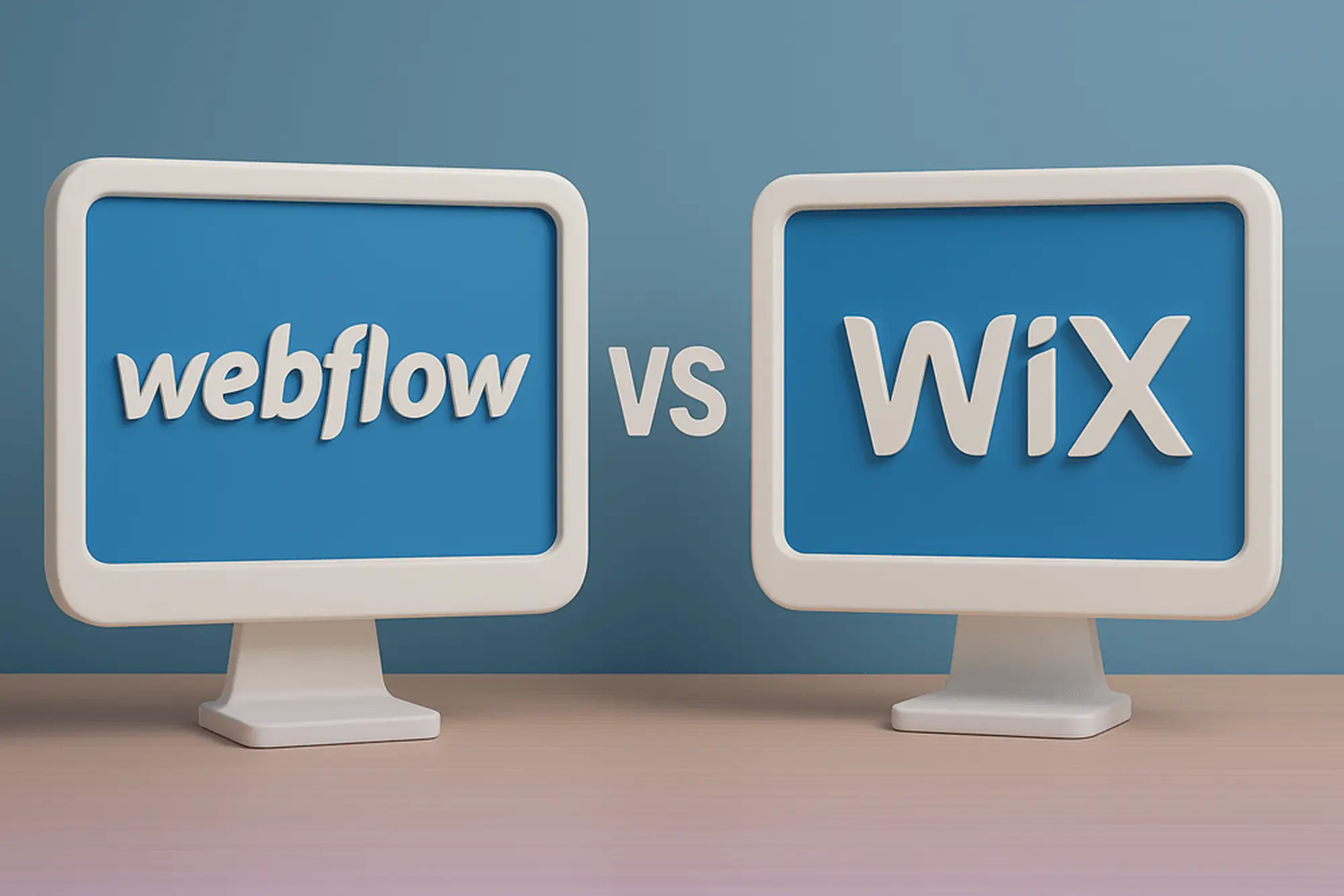 Illustration of two computer monitors displaying Webflow vs Wix logos article by mykola designer