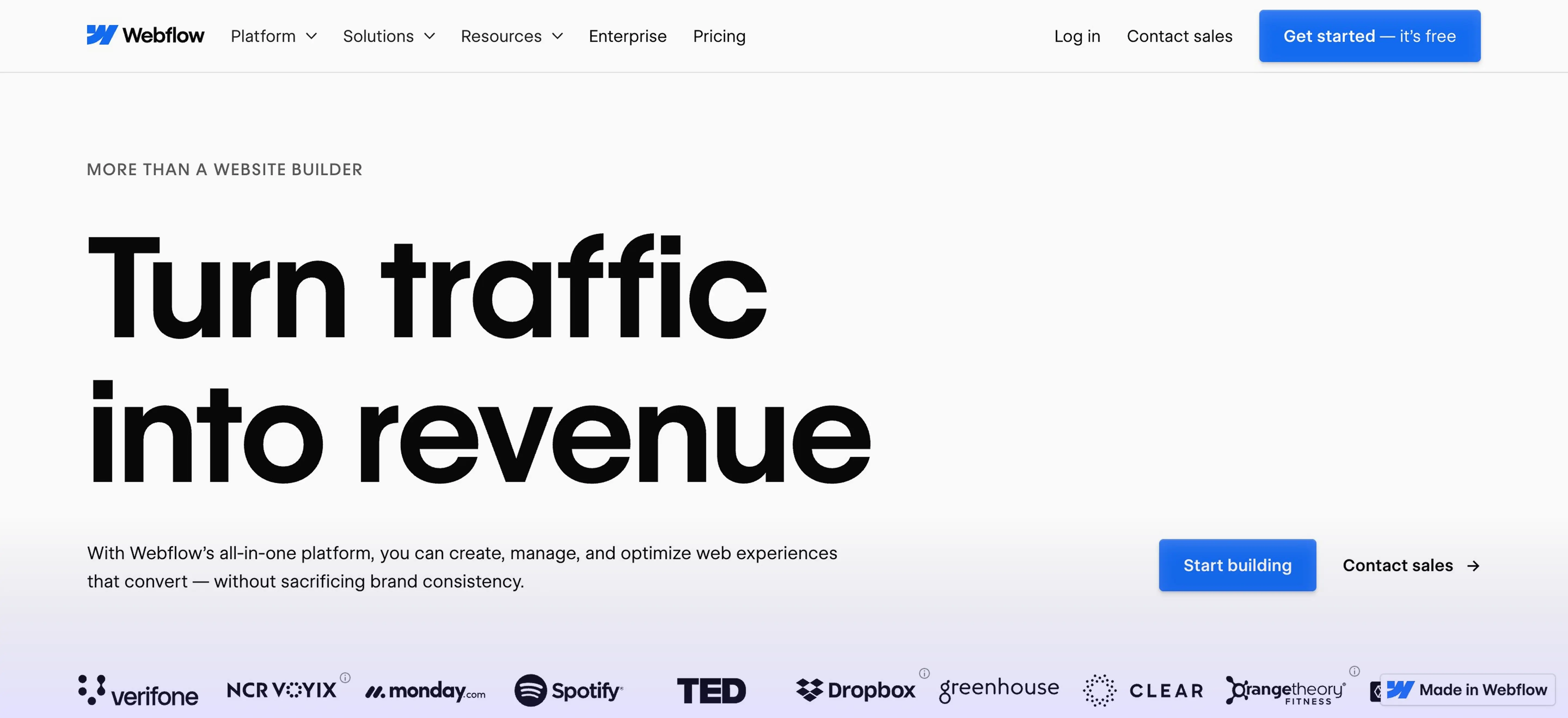 Screenshot of Webflow homepage featuring headline