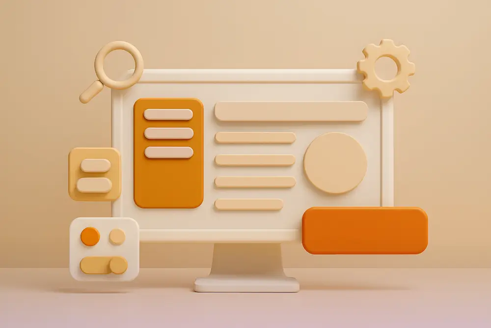 3D illustration of user interface layout representing core UX design principles - article by Mykola Designer