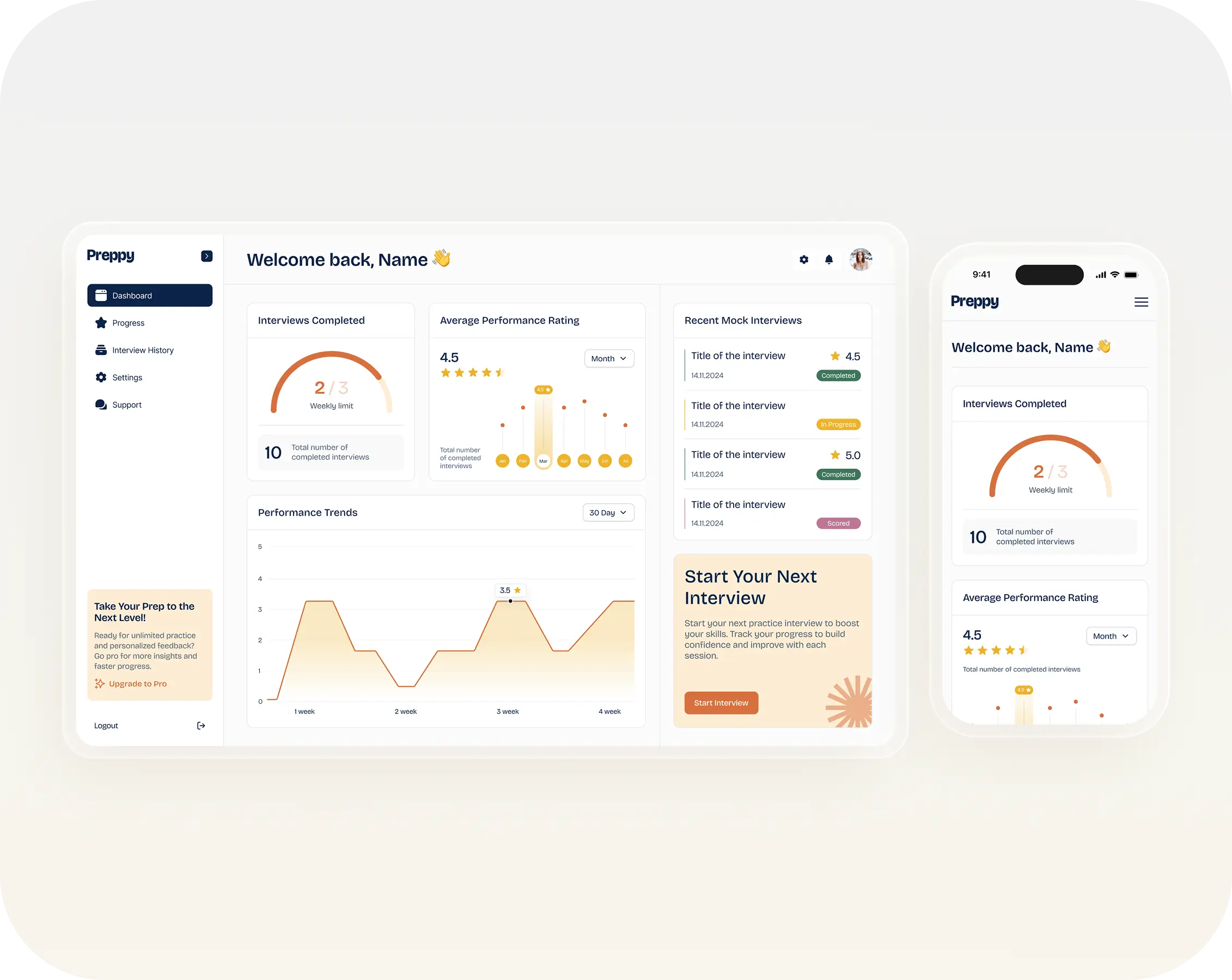 Mock Interview Prep Application Dashboard