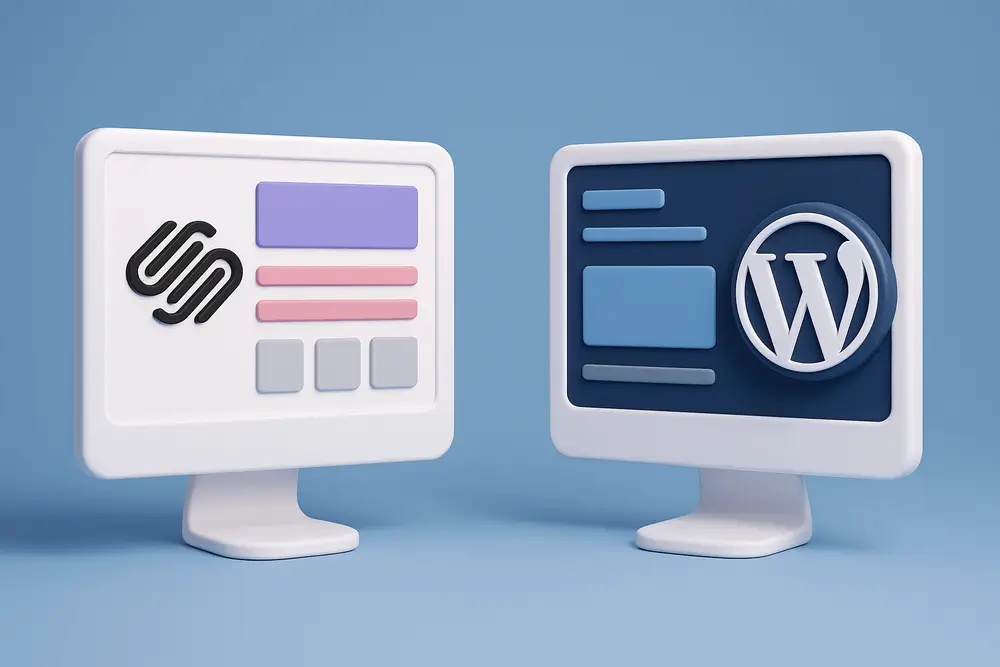 3D illustration comparing Squarespace vs WordPress website builders