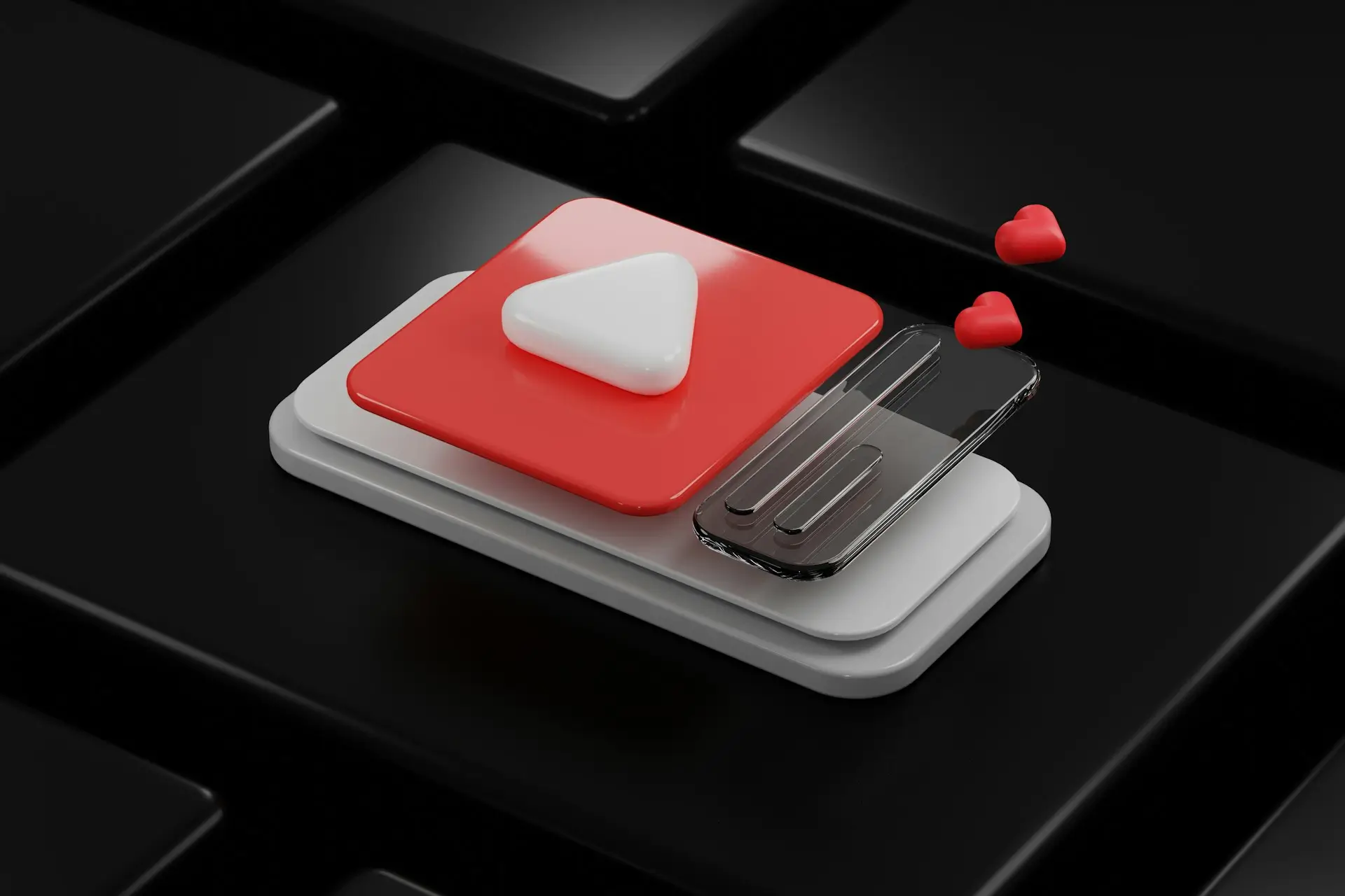 3D illustration of a layered YouTube play button icon with glossy glass and red accents
