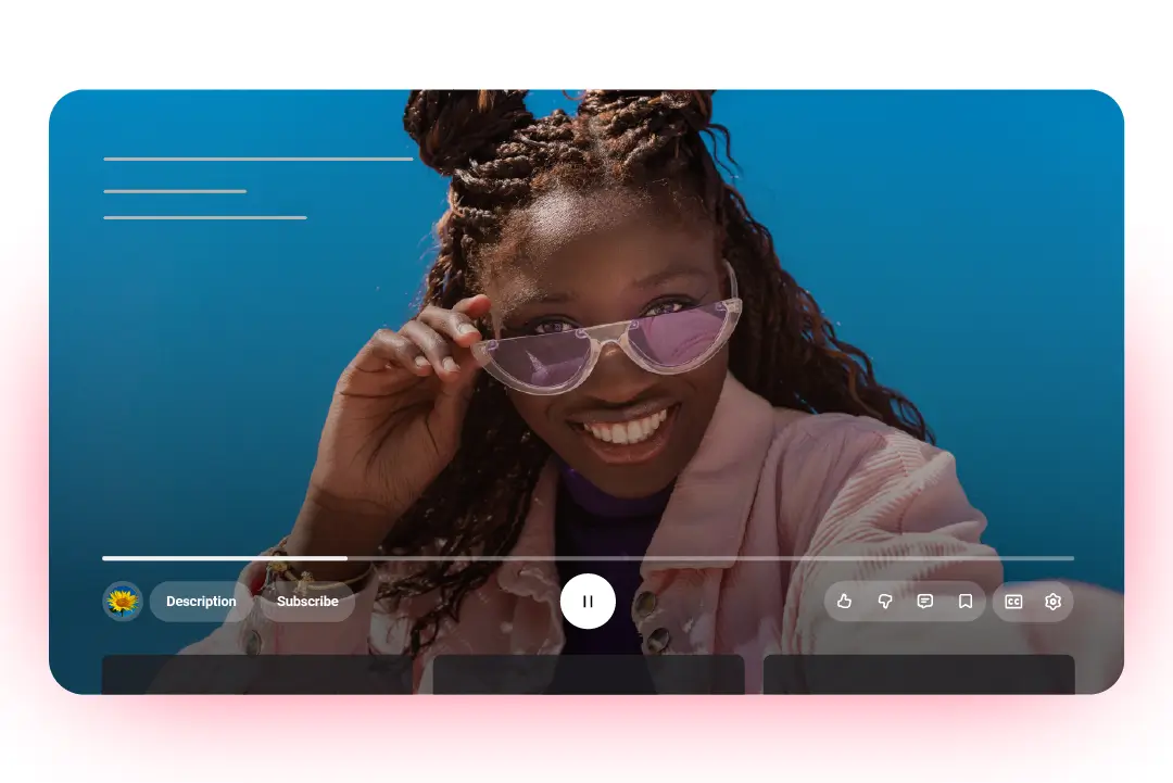 YouTube video player mockup with a smiling woman and modern rounded minimalist UI design