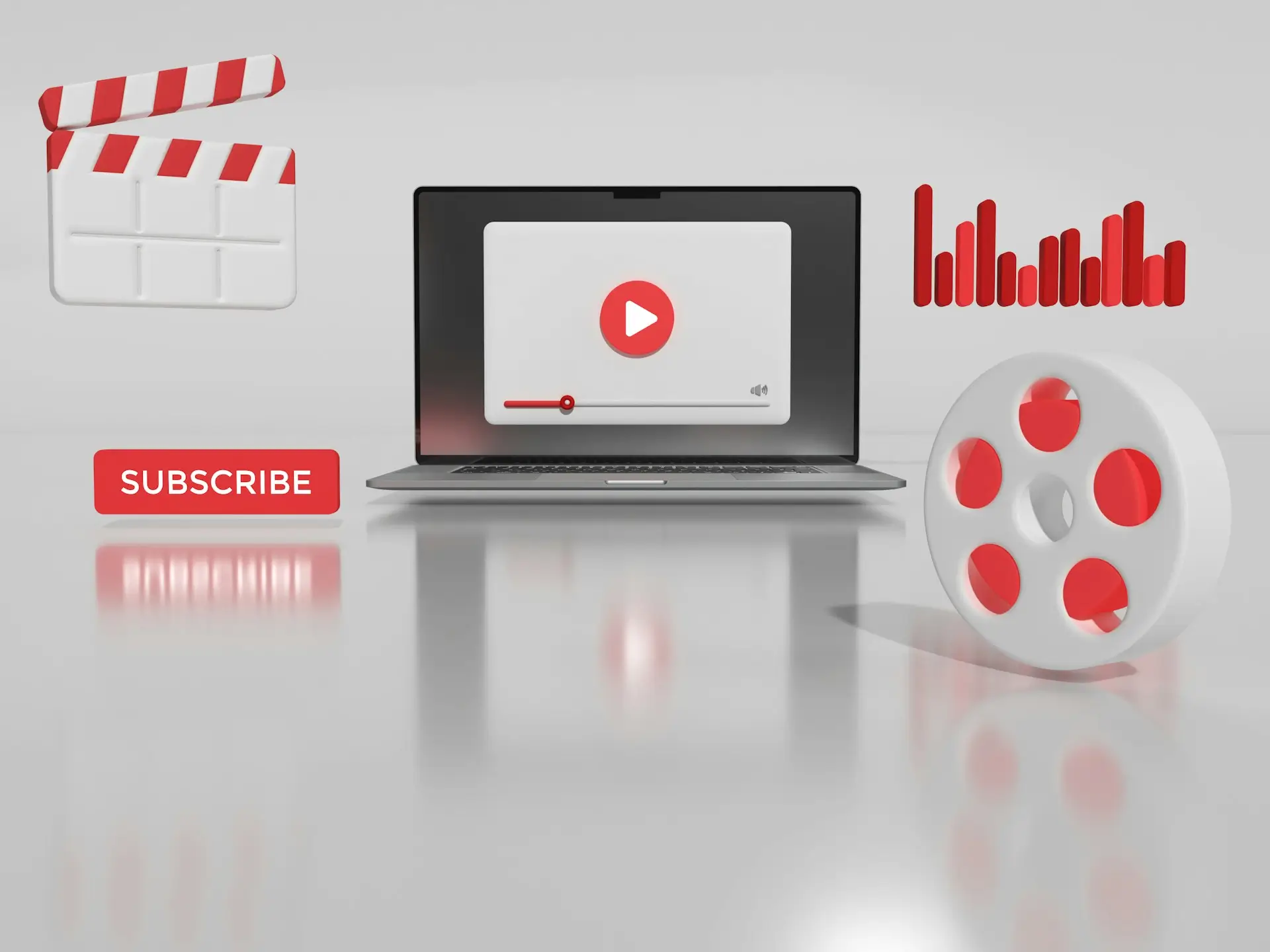 3D render of a laptop with a YouTube play button and red subscribe icon on a white background
