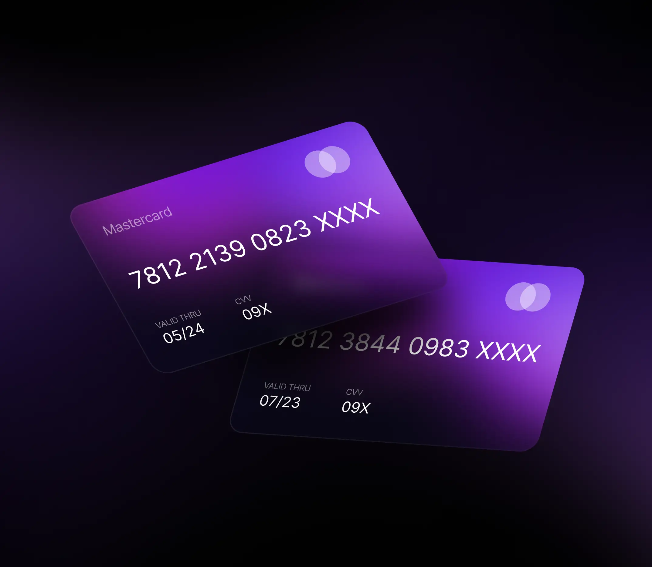 Credit card design featuring a purple and black background, showcasing a modern and sleek aesthetic.
