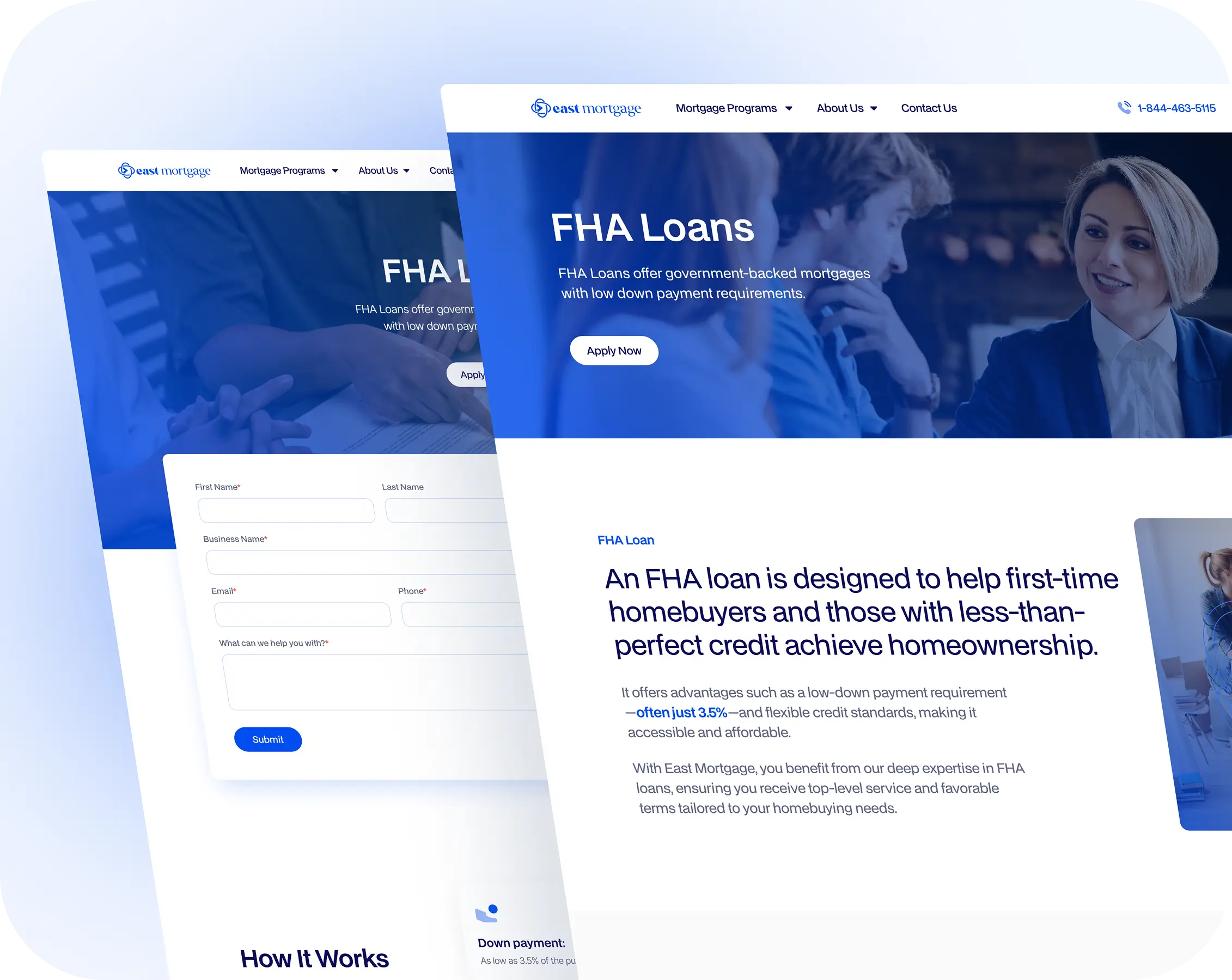 FHA loan landing page featuring information on eligibility, benefits, and application process for homebuyers.