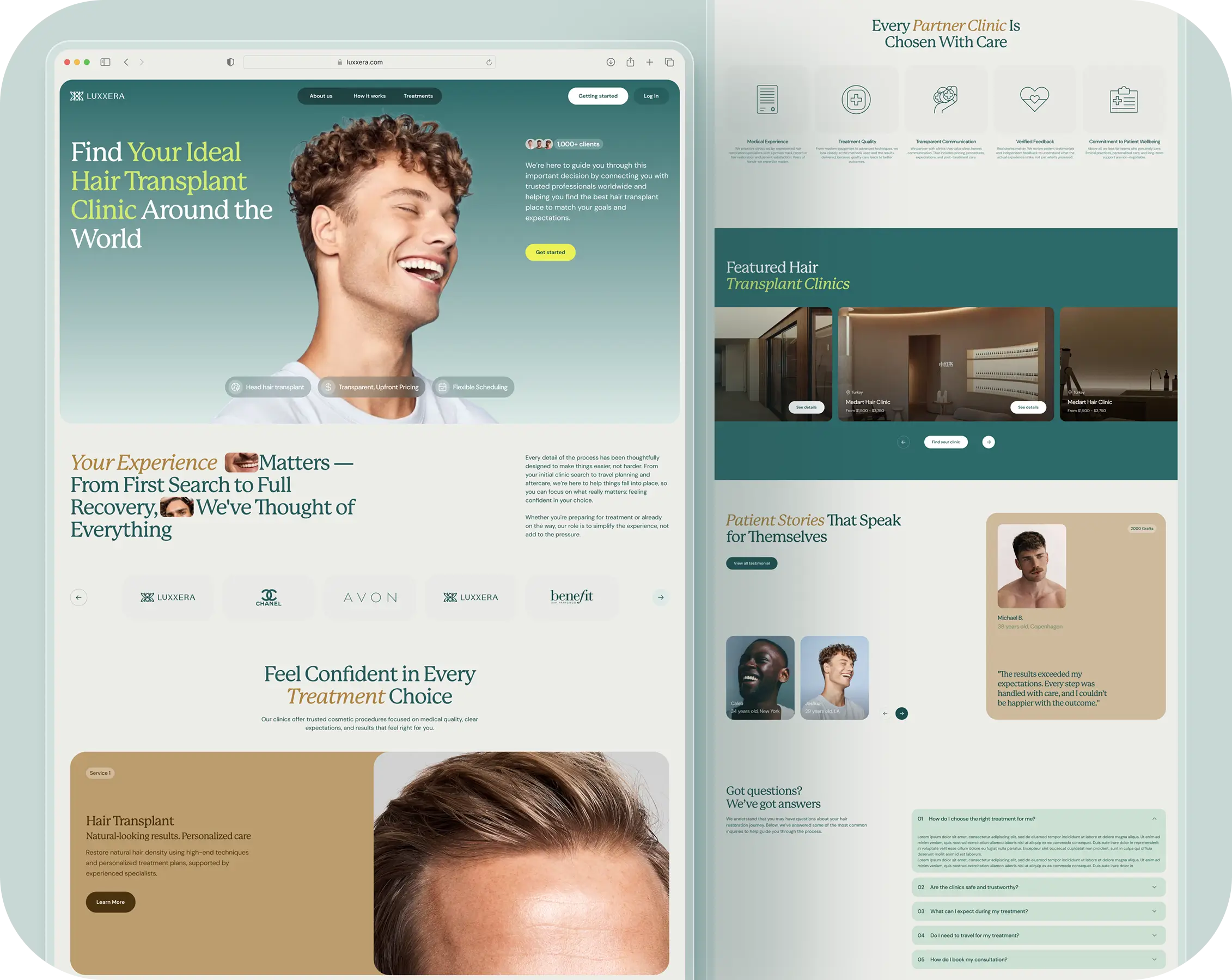Website design mockup for a hair salon featuring elegant layout, color palette, and images of hairstyles and services.