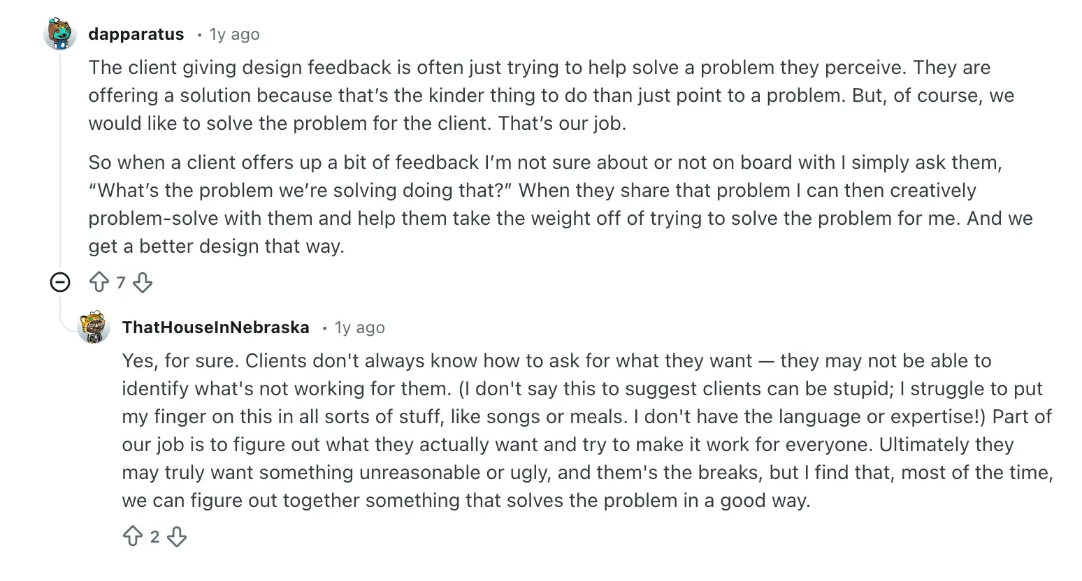 Screenshot of Reddit discussion about client feedback