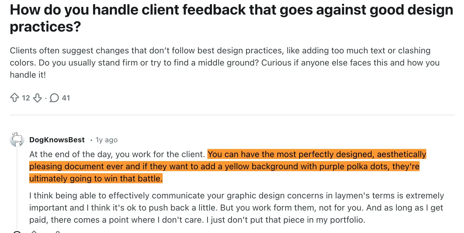Reddit thread about handling client feedback that goes against design best practices