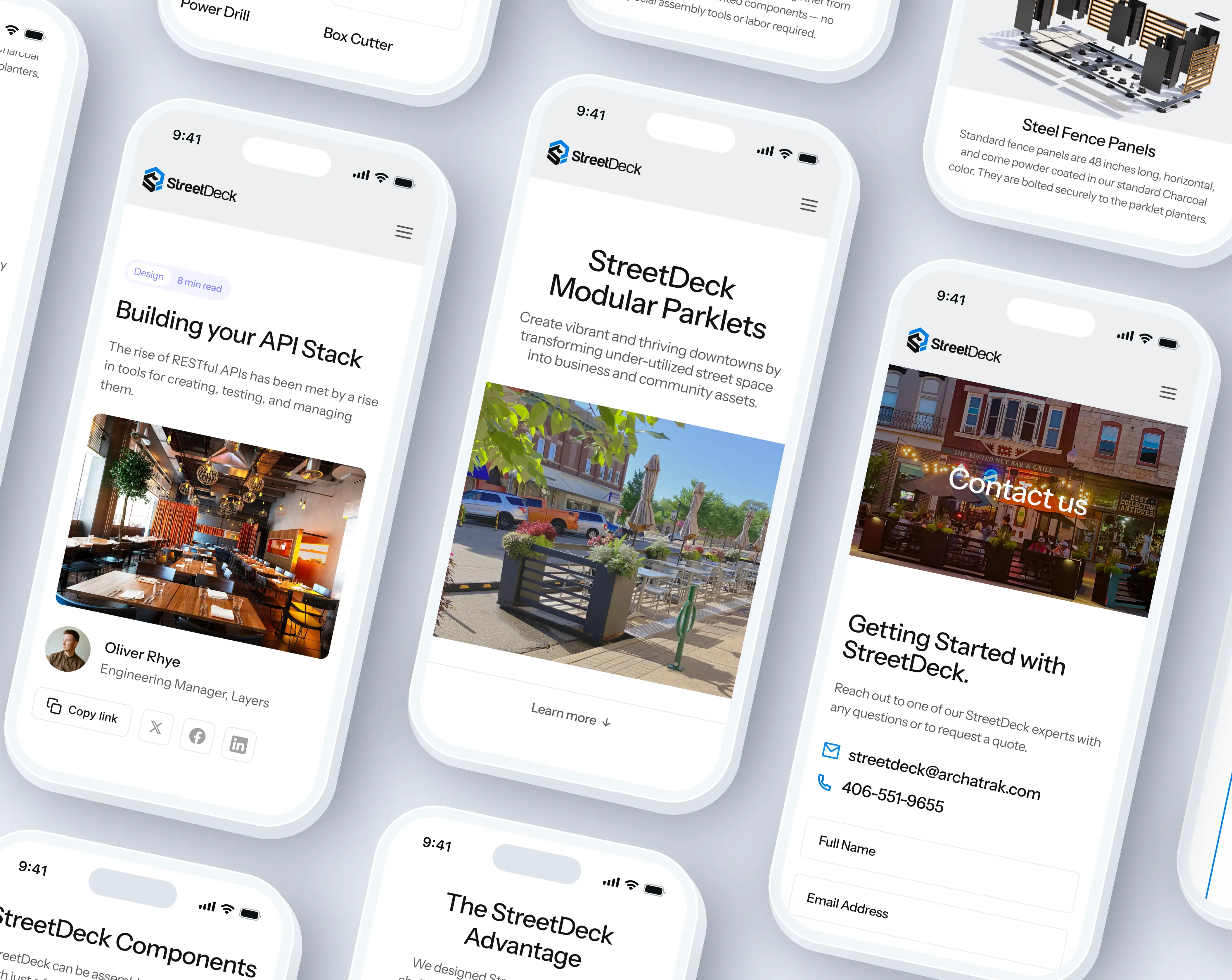 A group of mobile screens displaying various website designs and layouts